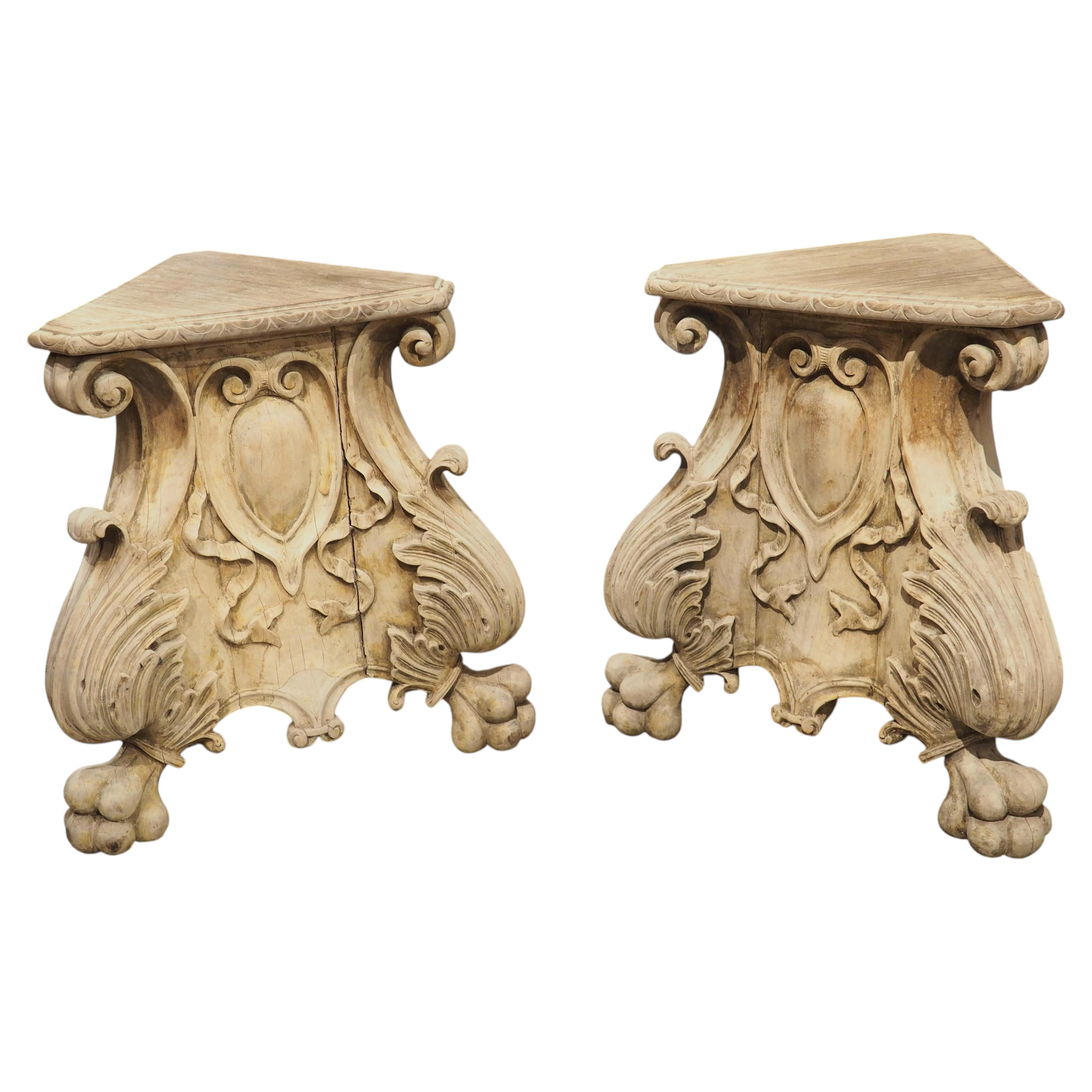 Pair of Low Antique Italian Baroque Style Walnut Tripodal Pedestals, Late 1800s