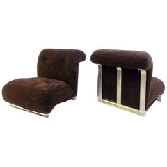 Pair of Low Armchairs Brushed Chrome with Brown Velvet Cushions, circa 1970s