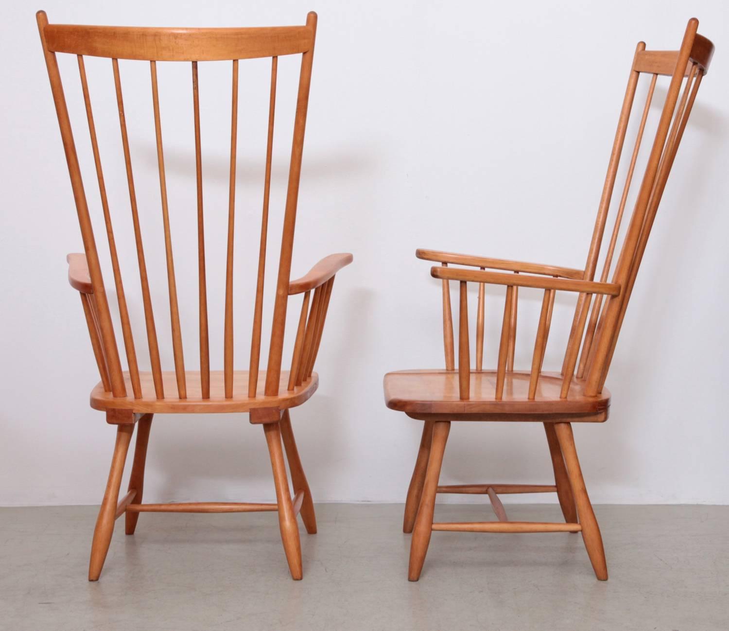 Carved Pair of Low Arno Lambrecht Highback Windsor Lounge Chairs