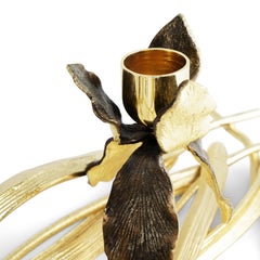 Pair of Low Candlesticks with Iris Design, Gilt and Patinated Metal.