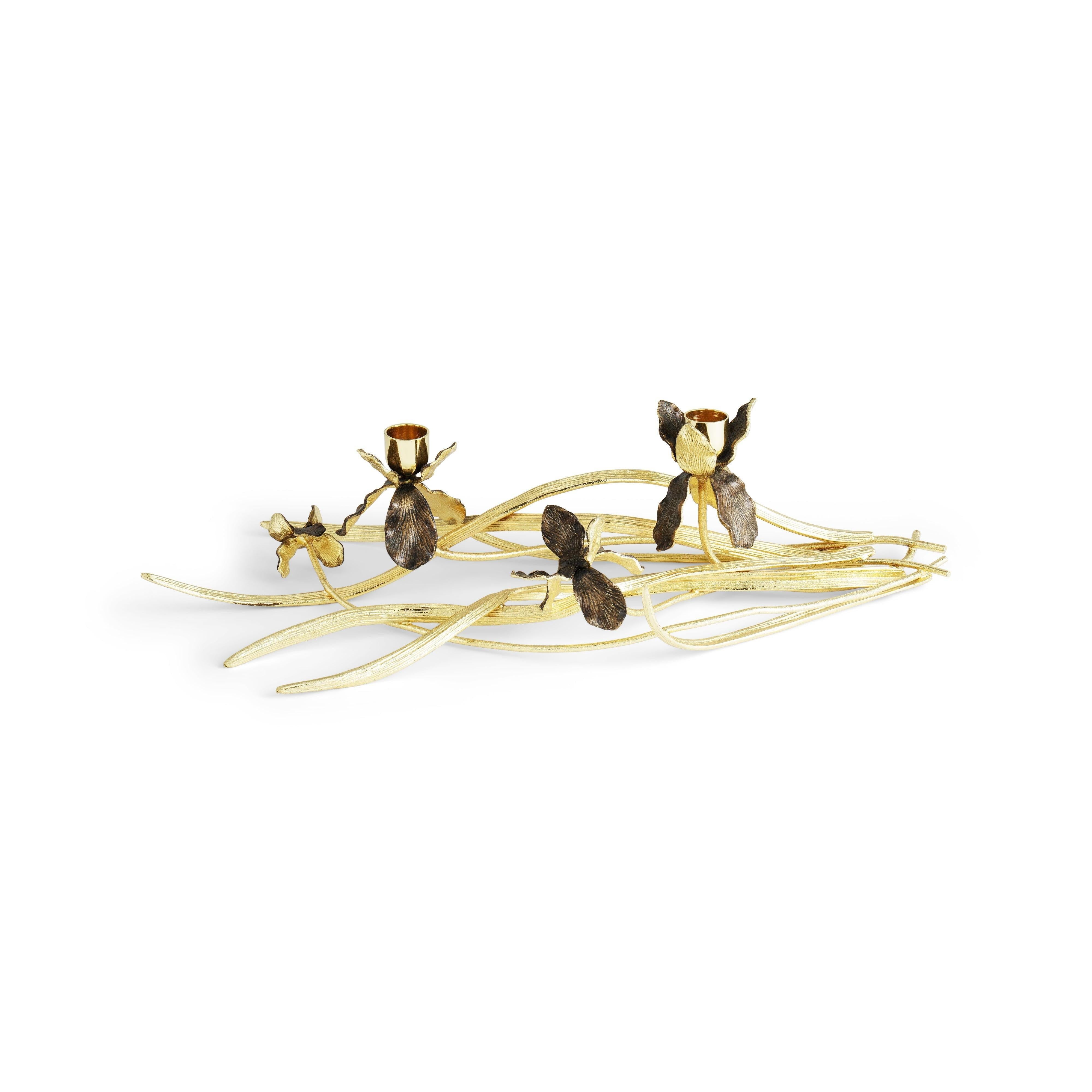 Pareja de Candeleros Bajos con Diseño de Iris, Metal Dorado y Patinado. Moderno en venta