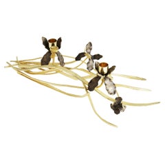 Pair of Low Candlesticks with Iris Design, Gilt and Patinated Metal.