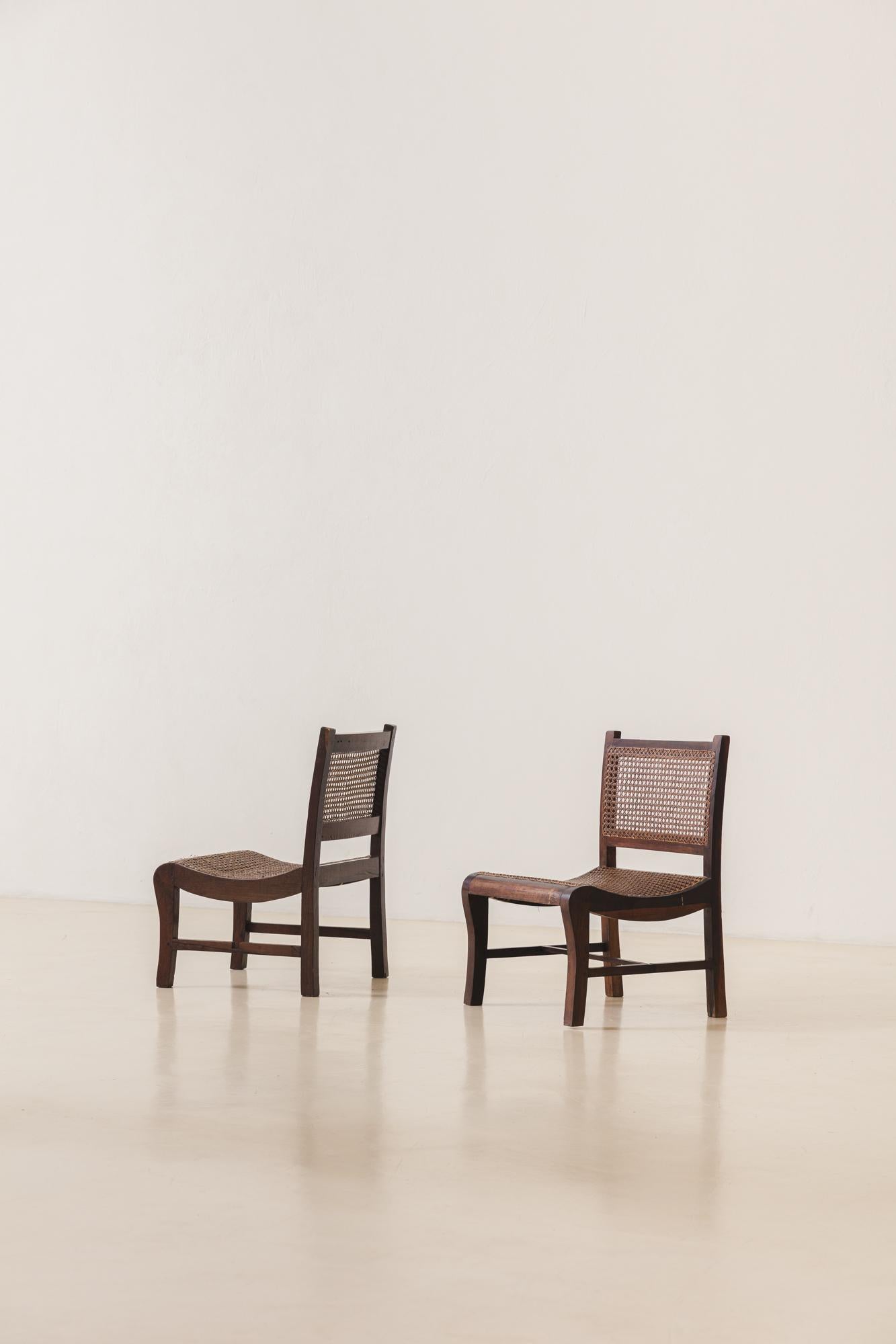 Pair of Low Cane and Rosewood Lounge Chairs, Unknown Artist, 19th Century In Good Condition For Sale In New York, NY