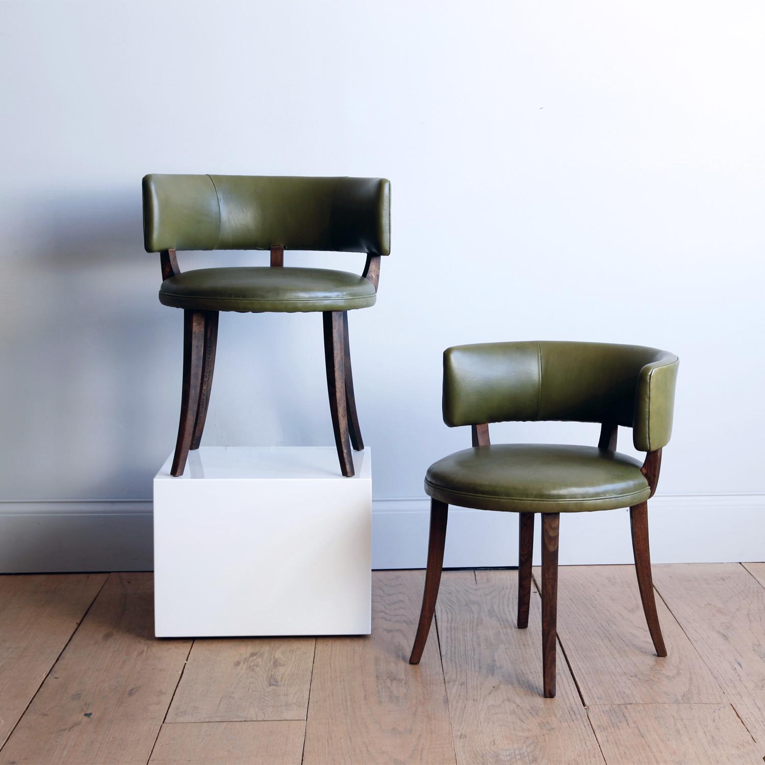 Literature: Sotheby’s: Important 20th century design (June 2014), lot no.90.

A pair of graceful side chairs with low, curved backs. Covered in gently worn green leather.

