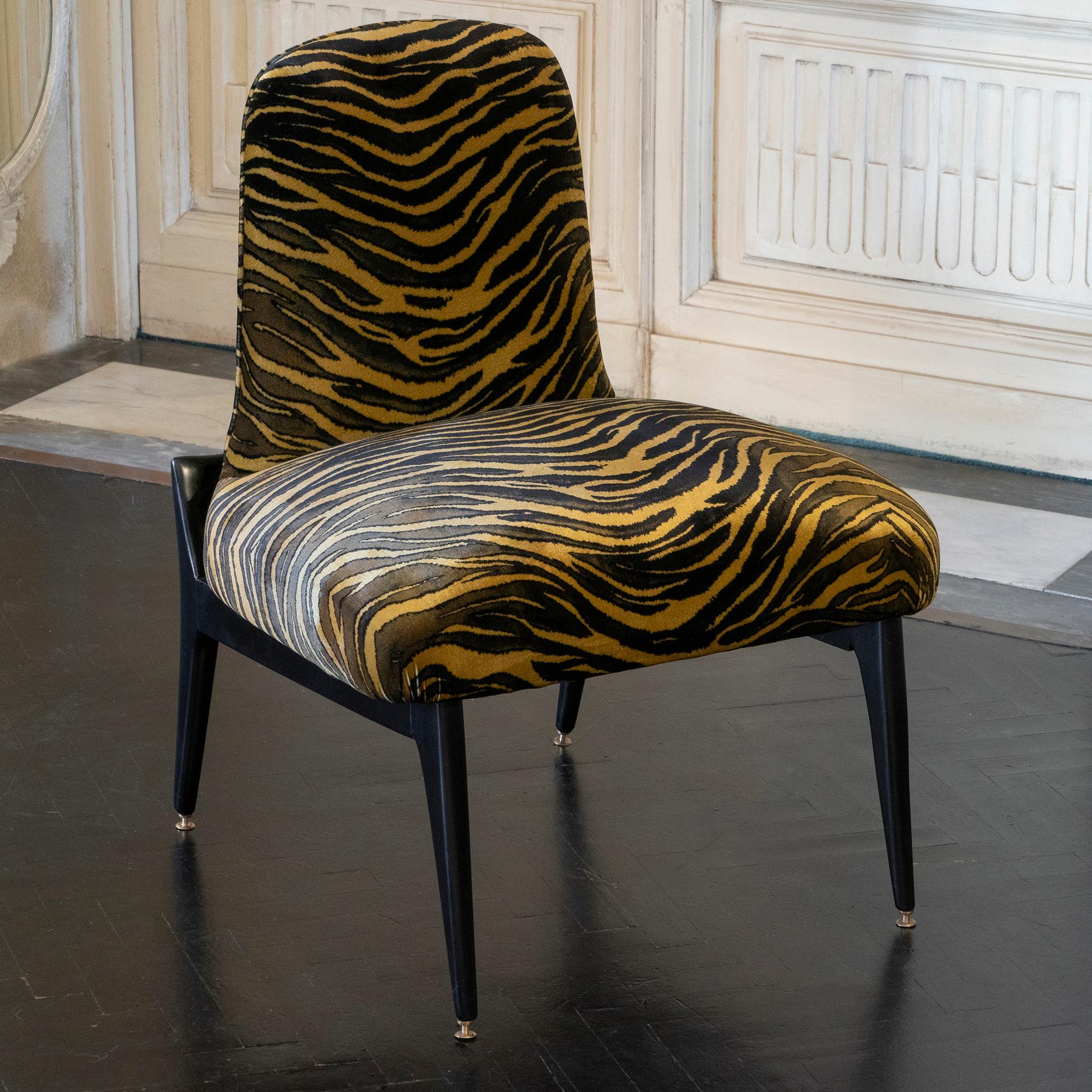 Pair of Low Chairs, Ebonized Mahogany, Print Tiger Silk Velvet, Italy, 1950s 3