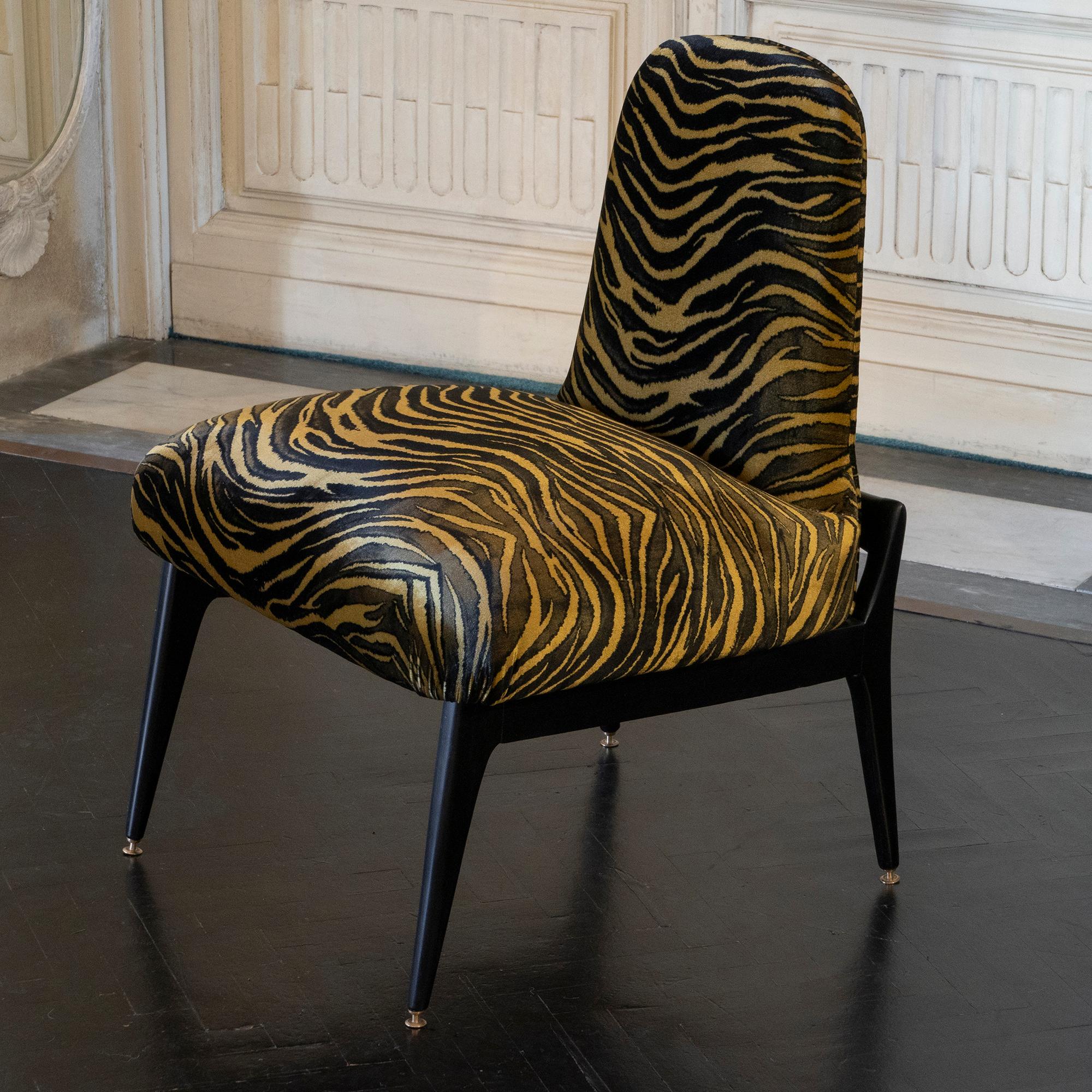 Pair of Low Chairs, Ebonized Mahogany, Print Tiger Silk Velvet, Italy, 1950s 5