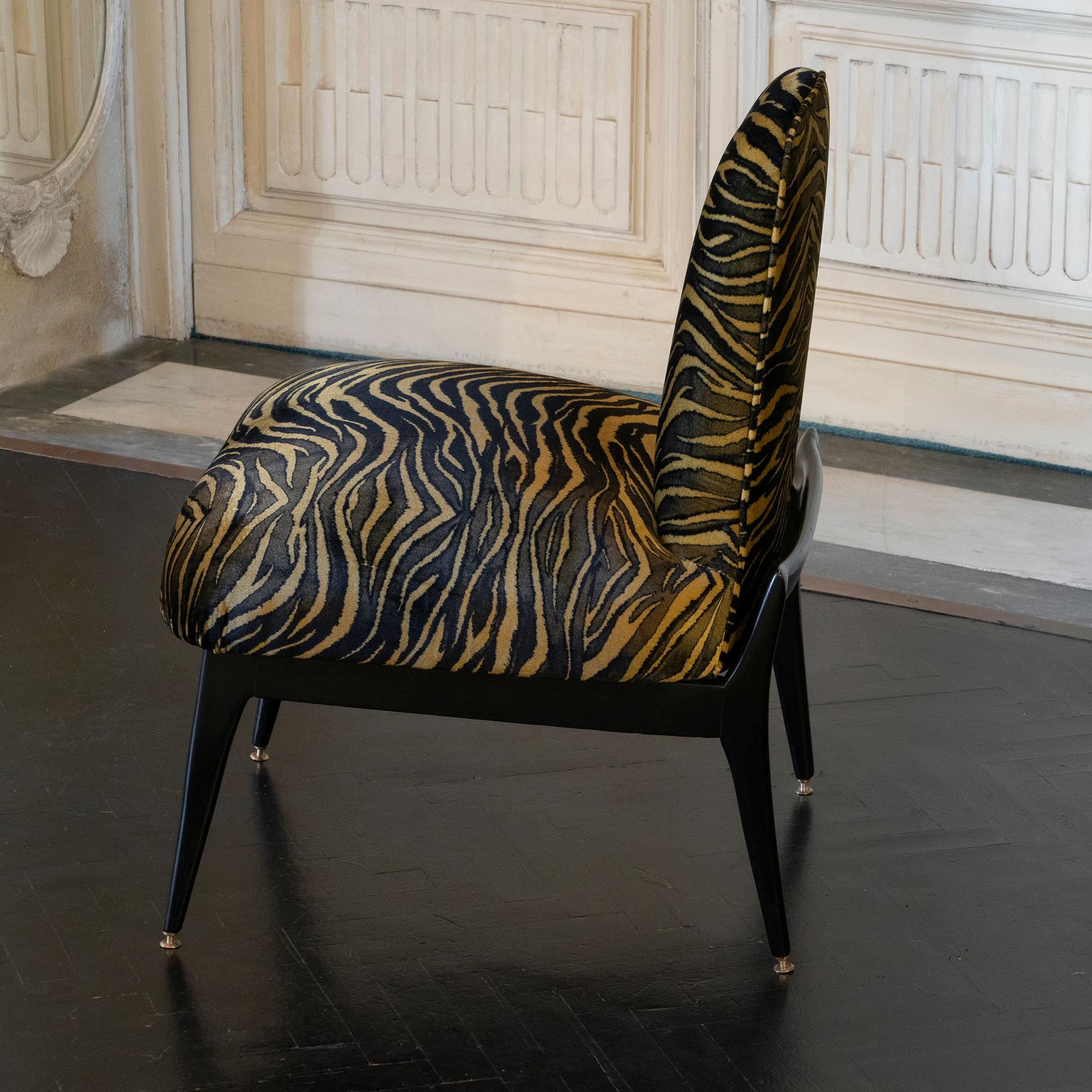 Pair of Low Chairs, Ebonized Mahogany, Print Tiger Silk Velvet, Italy, 1950s 6