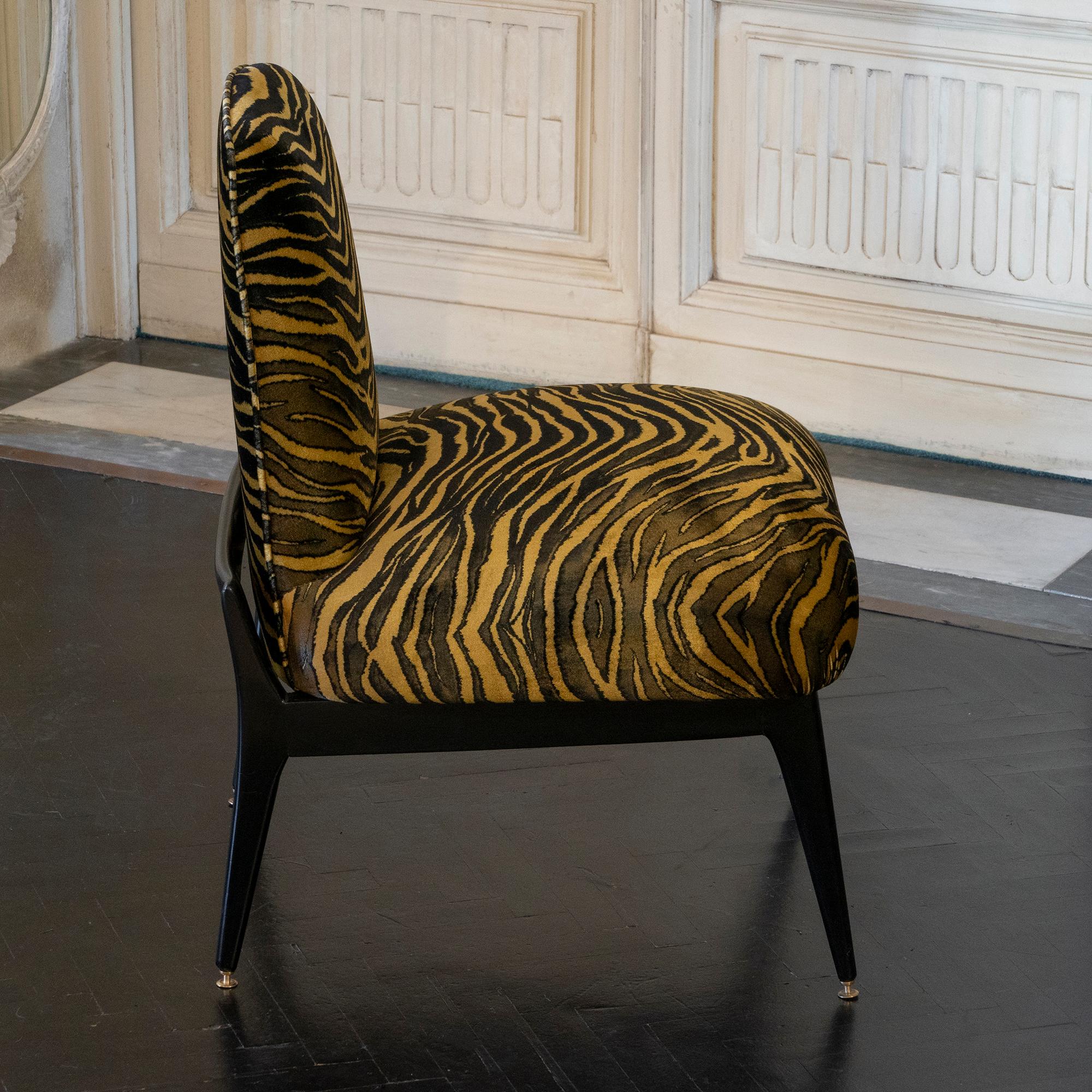 Pair of Low Chairs, Ebonized Mahogany, Print Tiger Silk Velvet, Italy, 1950s 7