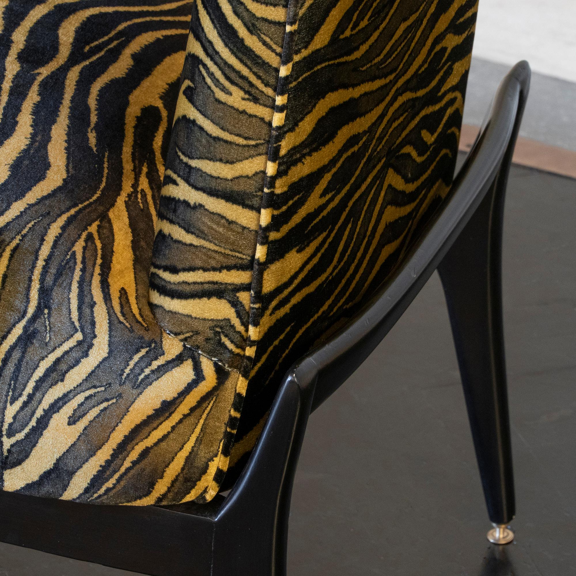 Mid-Century Modern Pair of Low Chairs, Ebonized Mahogany, Print Tiger Silk Velvet, Italy, 1950s