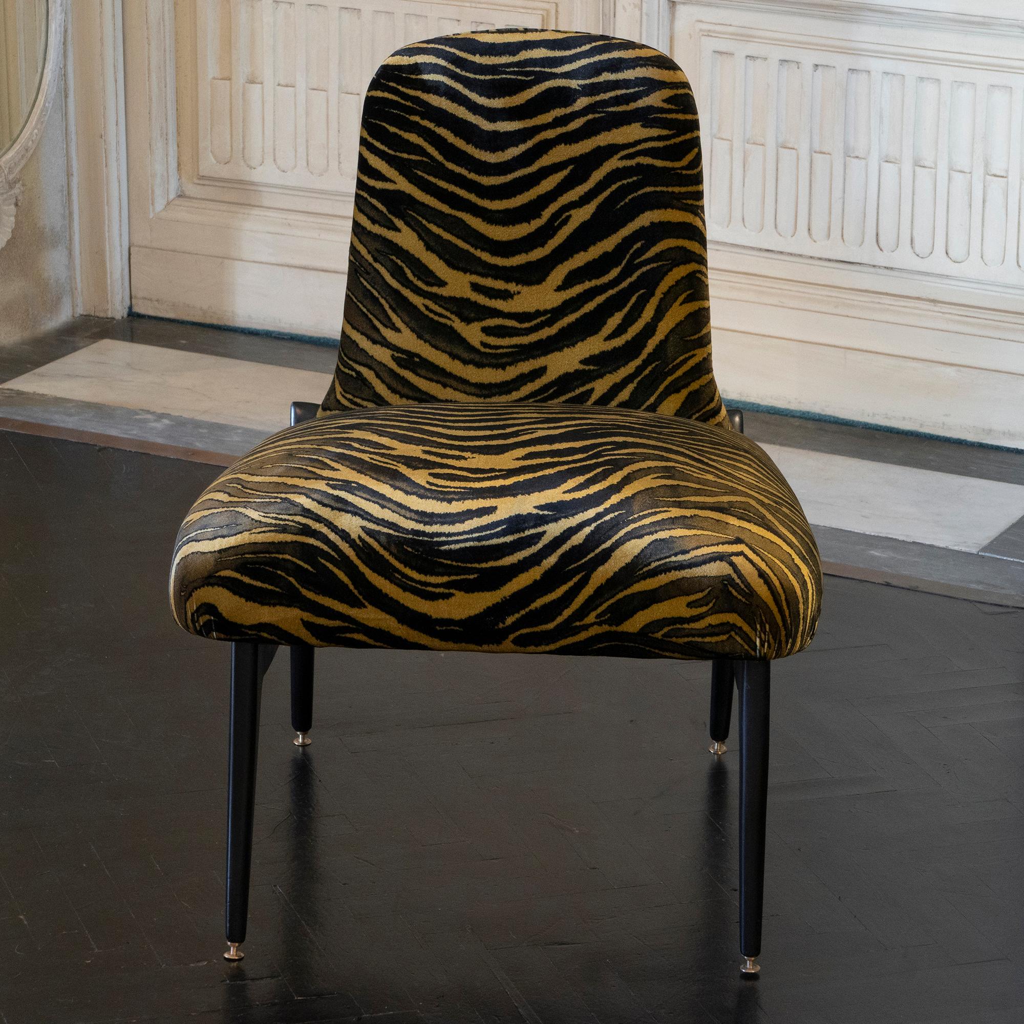 Italian Pair of Low Chairs, Ebonized Mahogany, Print Tiger Silk Velvet, Italy, 1950s