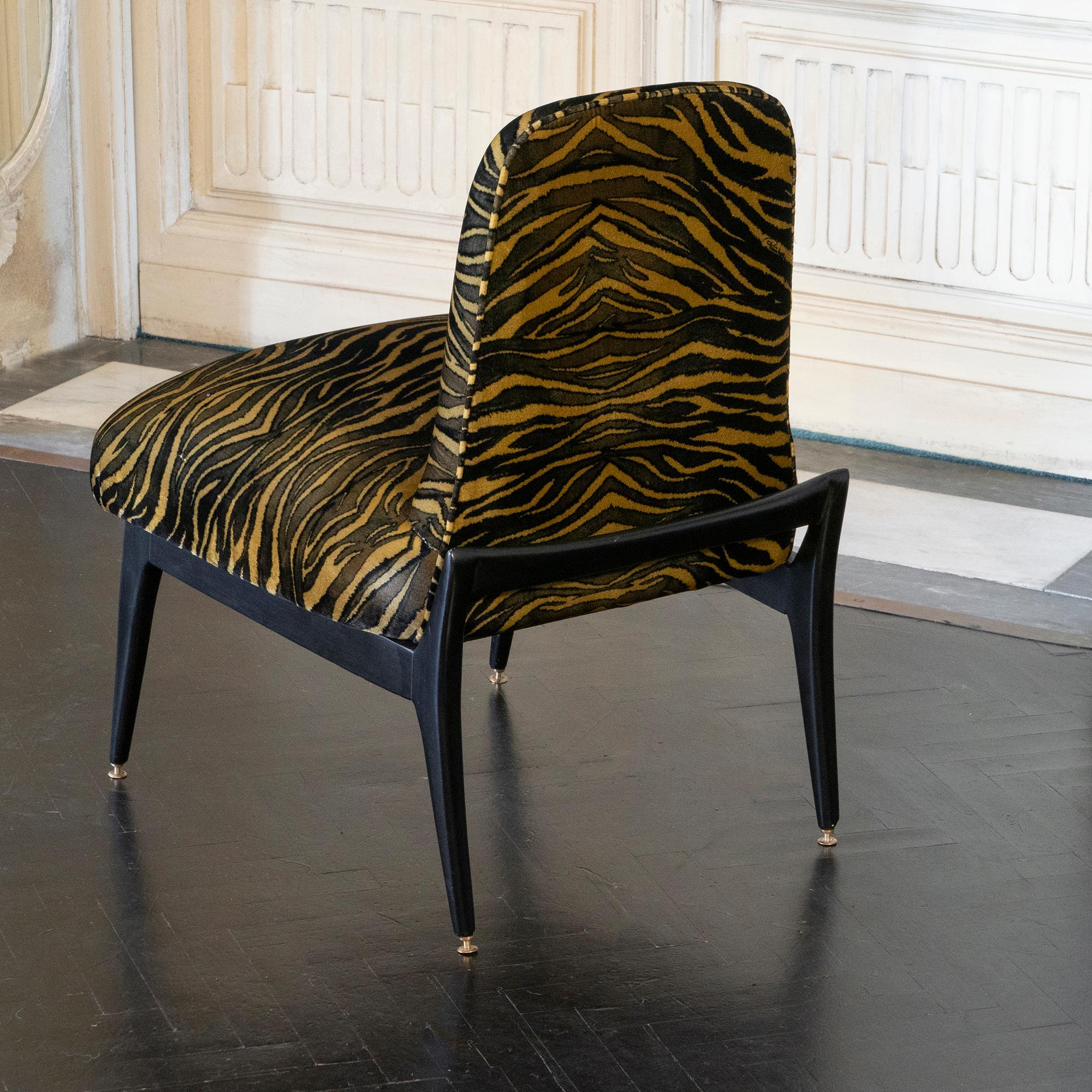 Brass Pair of Low Chairs, Ebonized Mahogany, Print Tiger Silk Velvet, Italy, 1950s