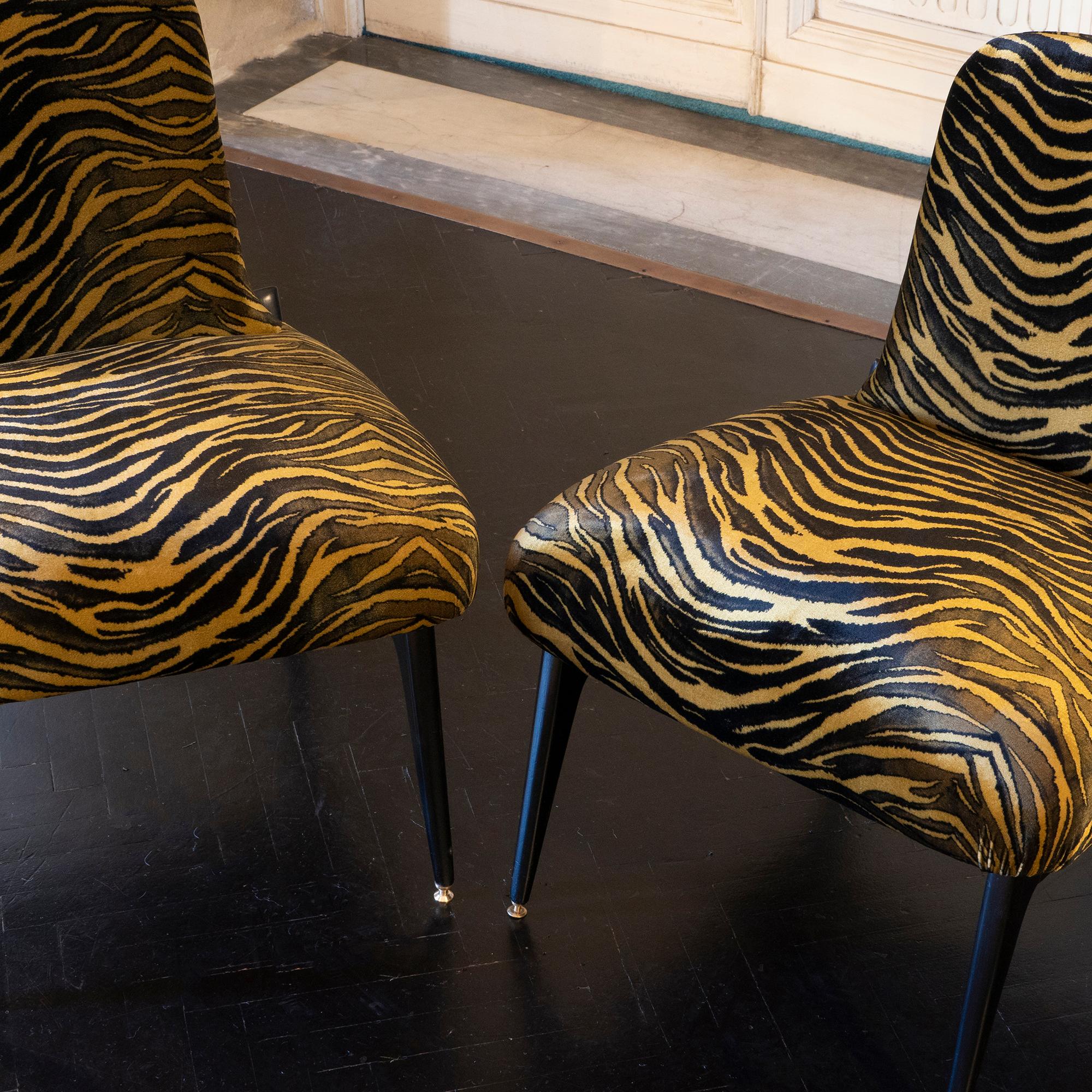 Pair of Low Chairs, Ebonized Mahogany, Print Tiger Silk Velvet, Italy, 1950s 1