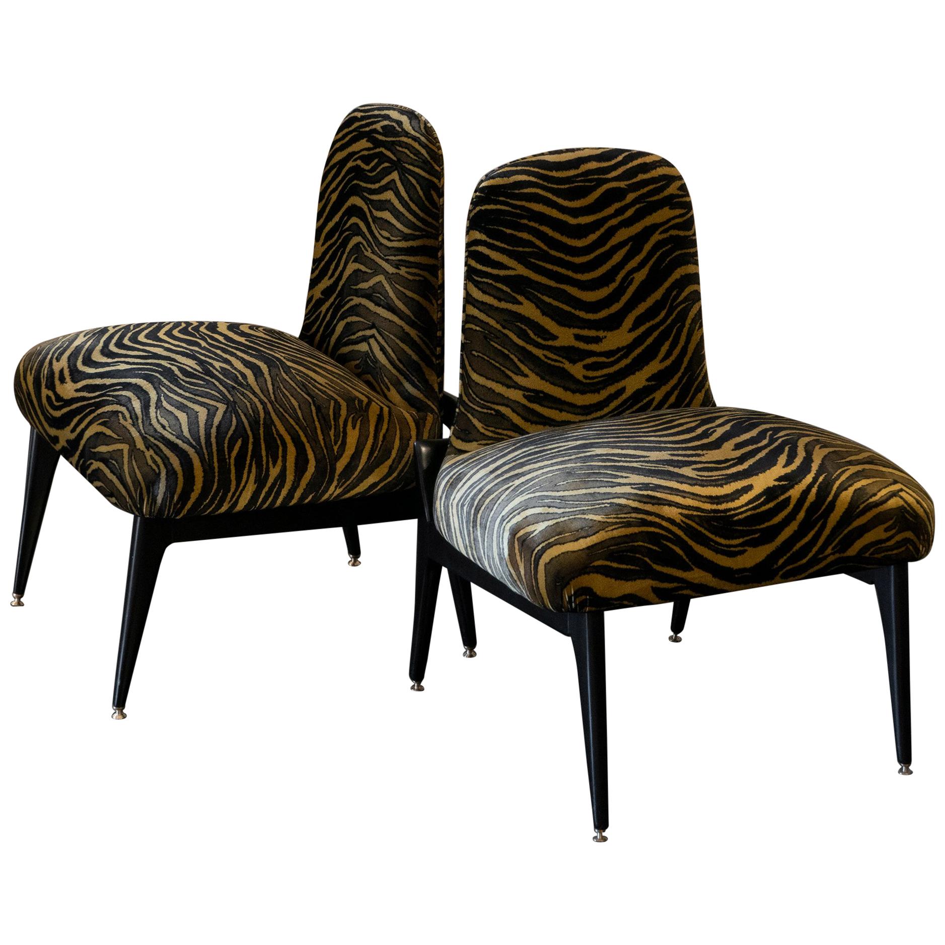 Pair of Low Chairs, Ebonized Mahogany, Print Tiger Silk Velvet, Italy, 1950s