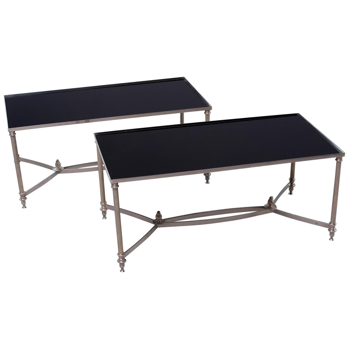 Pair of Low Cocktail Tables with Black Glass in the Style of Maison Baguès