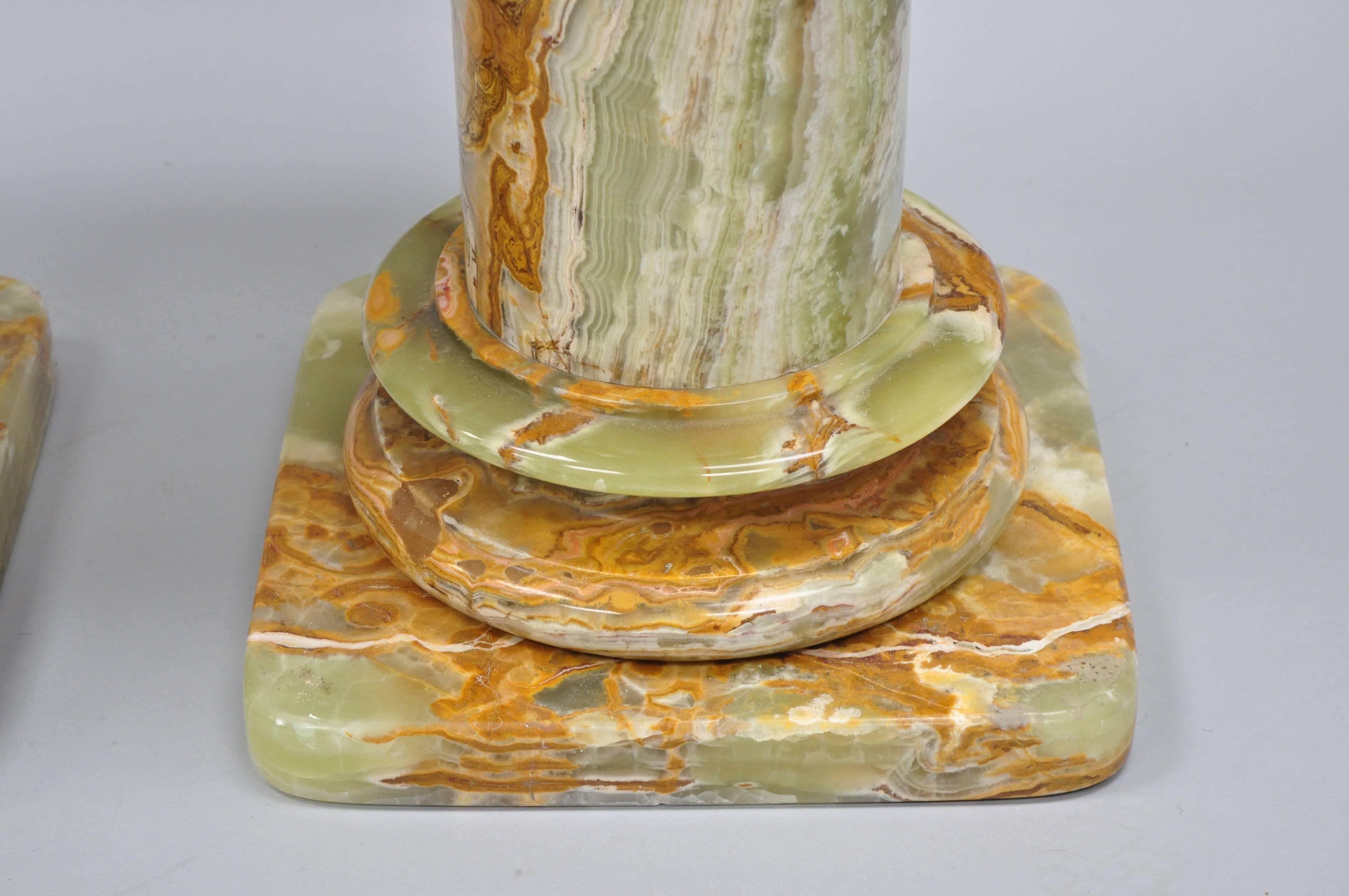 20th Century Pair of Low Italian Style Green Onyx Classical Column Pedestal Stand Side Tables