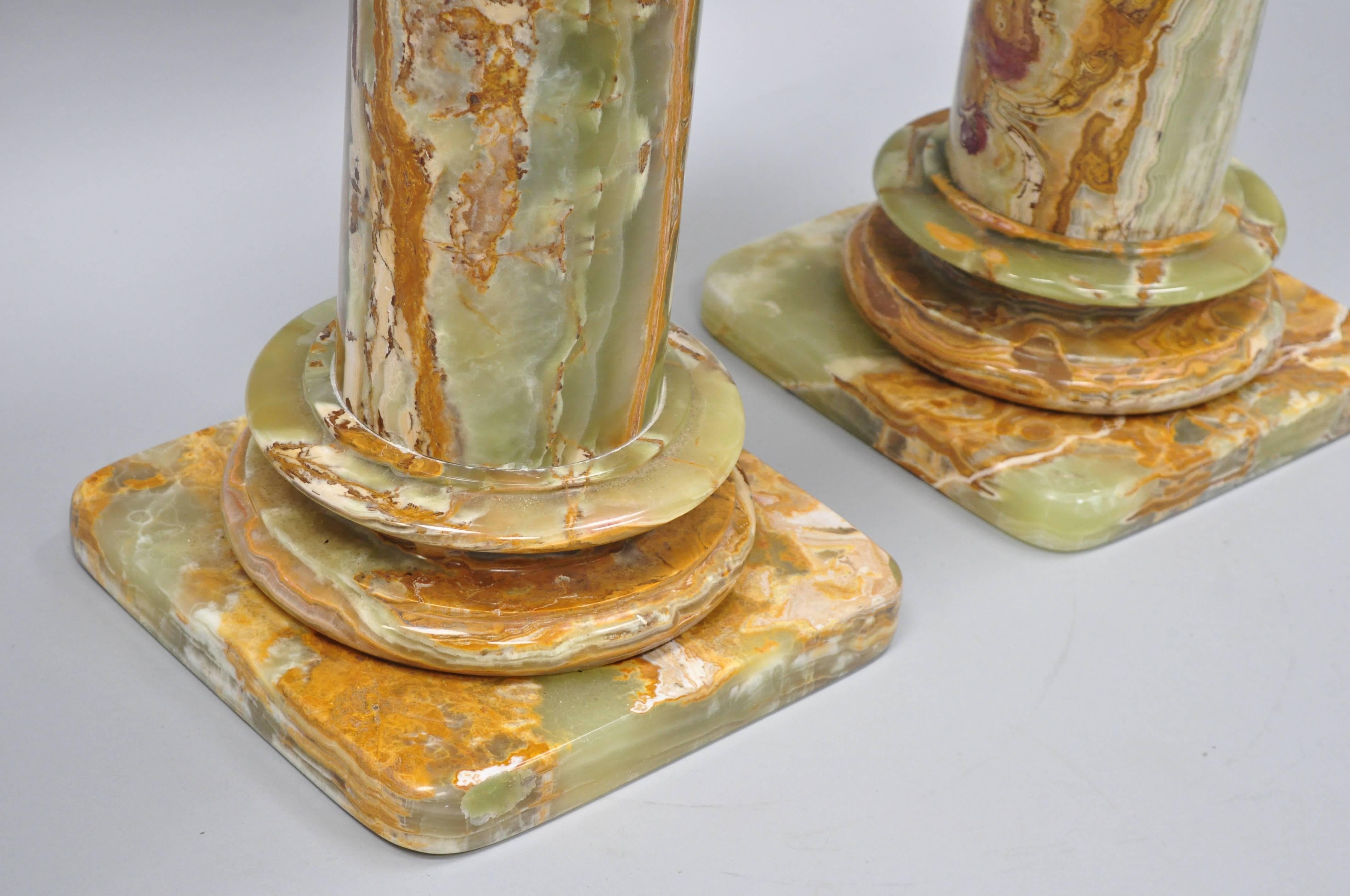Pair of Low Italian Style Green Onyx Classical Column Pedestal Stand Side Tables 1