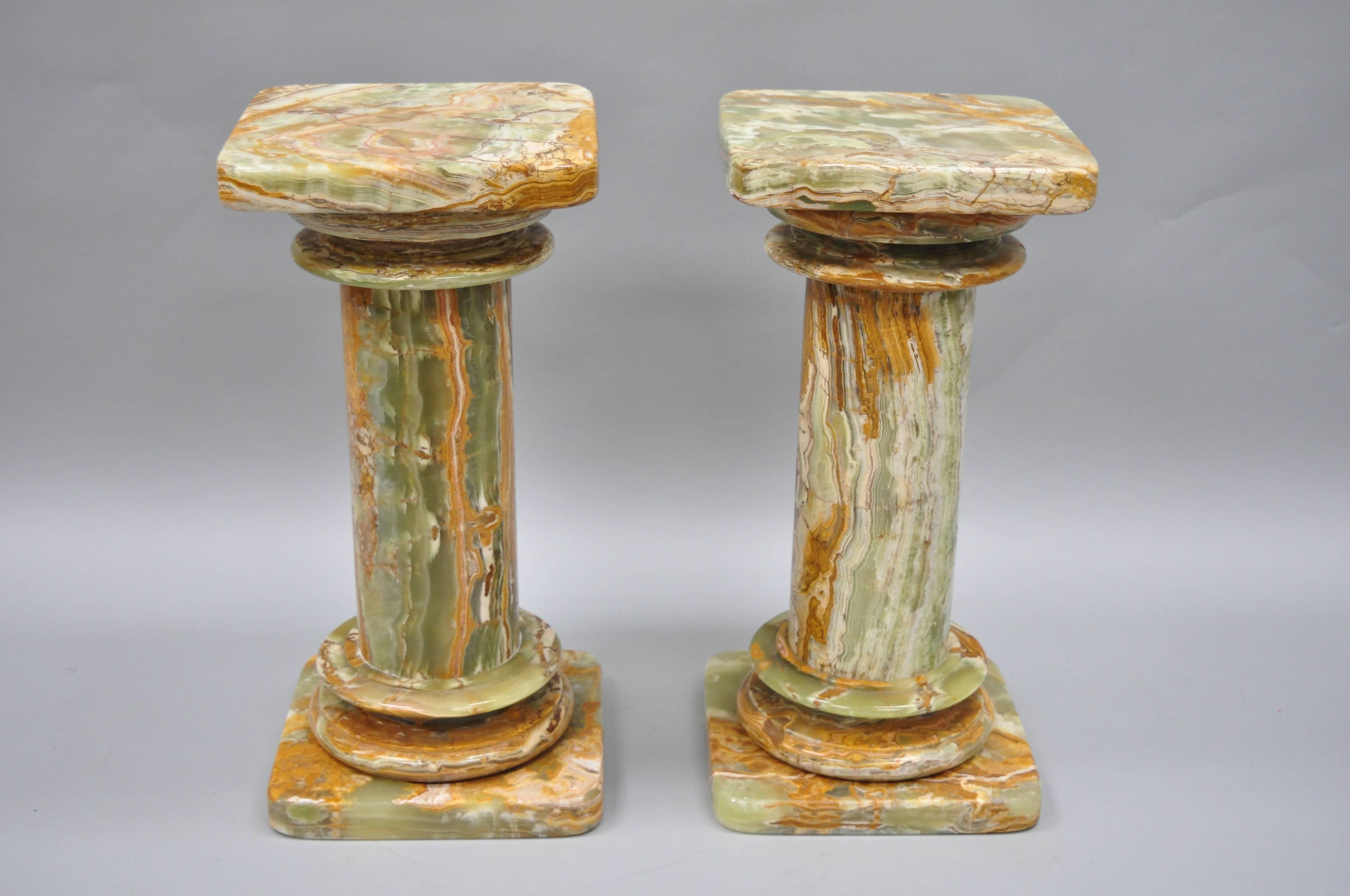 Pair of Low Italian Style Green Onyx Classical Column Pedestal Stand Side Tables 2