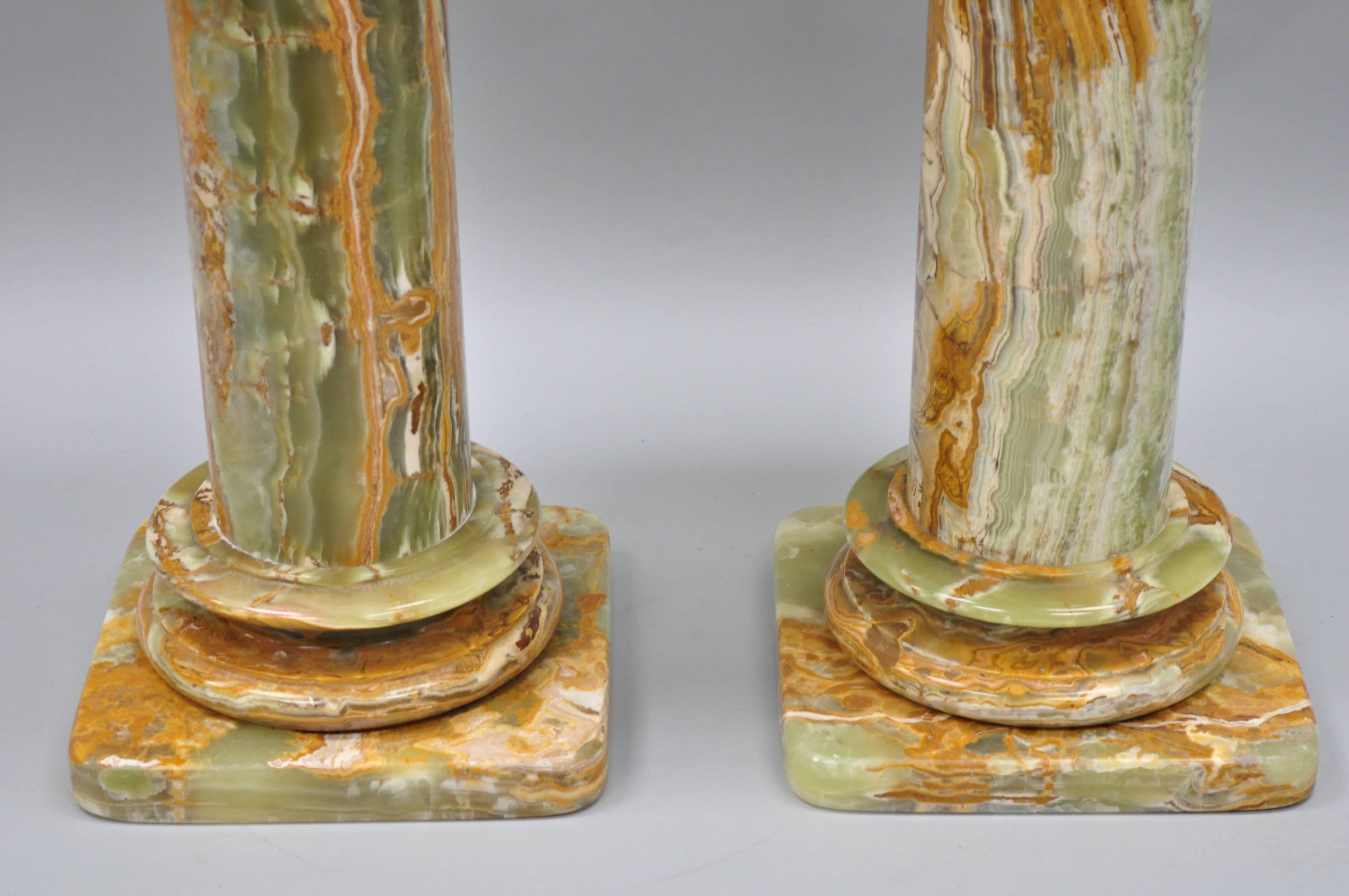 Classical Greek Pair of Low Italian Style Green Onyx Classical Column Pedestal Stand Side Tables