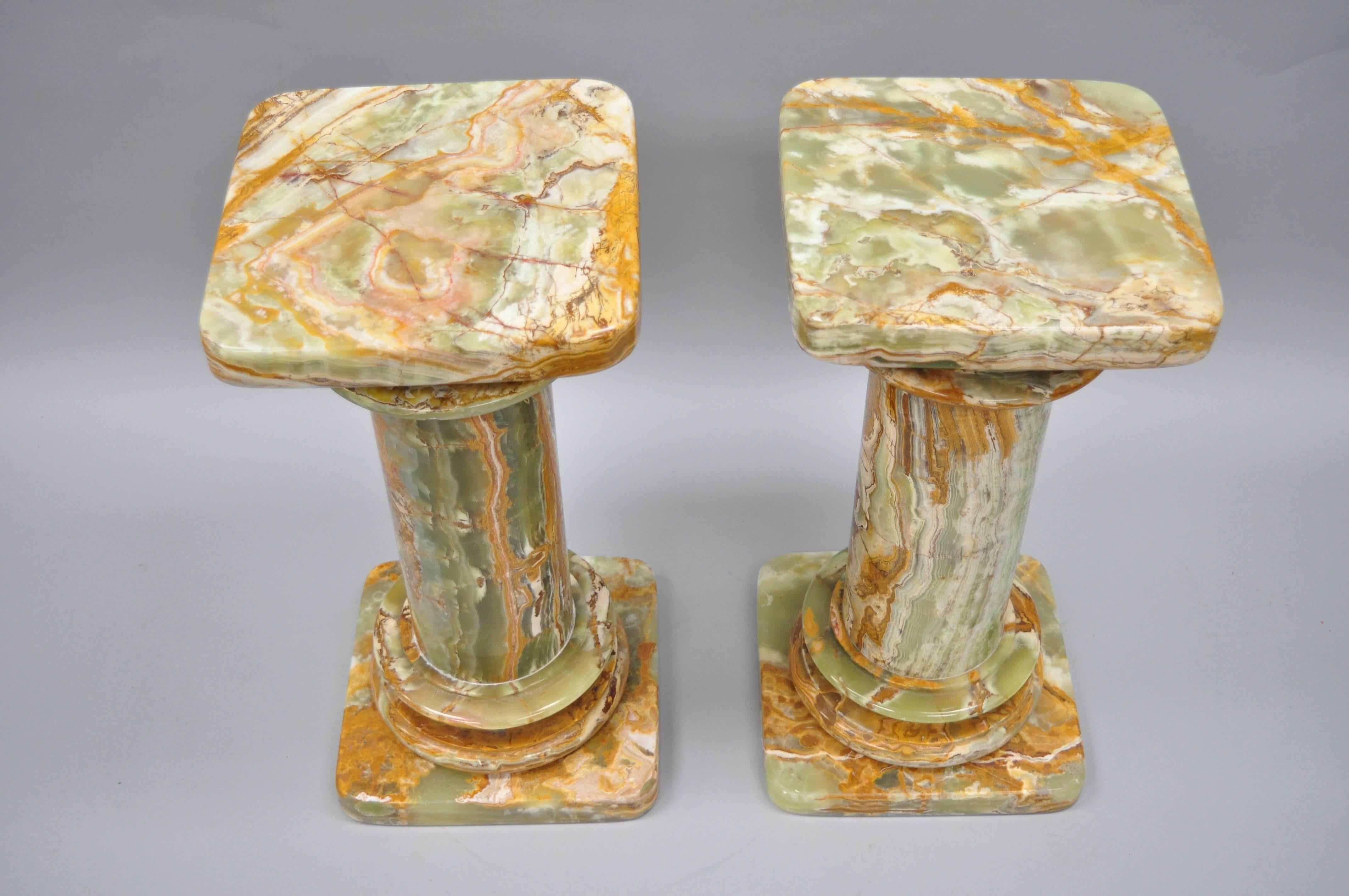 European Pair of Low Italian Style Green Onyx Classical Column Pedestal Stand Side Tables