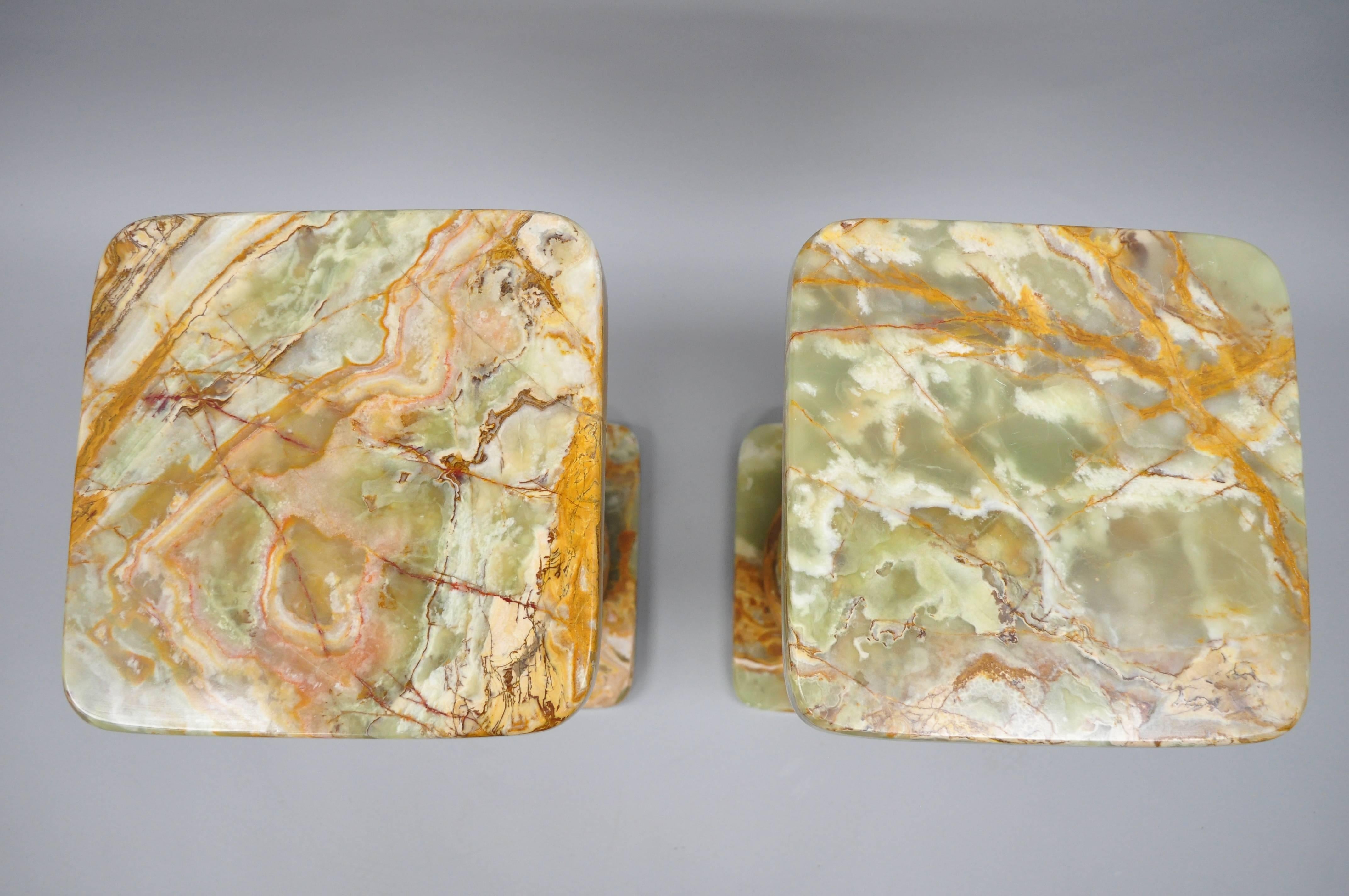 Carved Pair of Low Italian Style Green Onyx Classical Column Pedestal Stand Side Tables