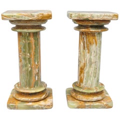 Pair of Low Italian Style Green Onyx Classical Column Pedestal Stand Side Tables