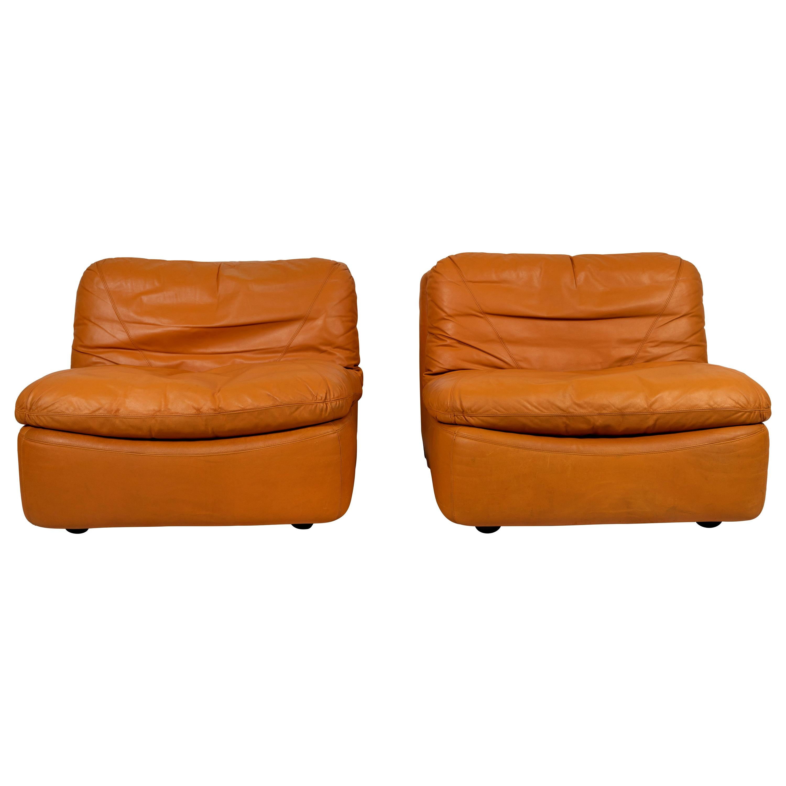 Pair of Low Kor Aldershof Tan Leather Lounge Chairs