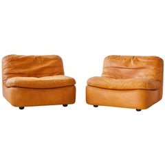 Vintage Pair of Low Kor Aldershof Tan Leather Lounge Chairs