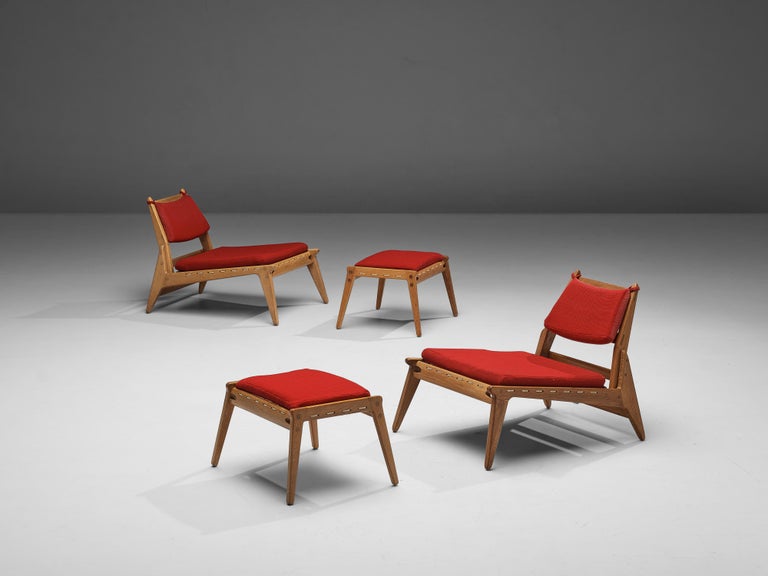 Pair of Low Lounge Chairs with Ottoman in Oak and Red Upholstery For