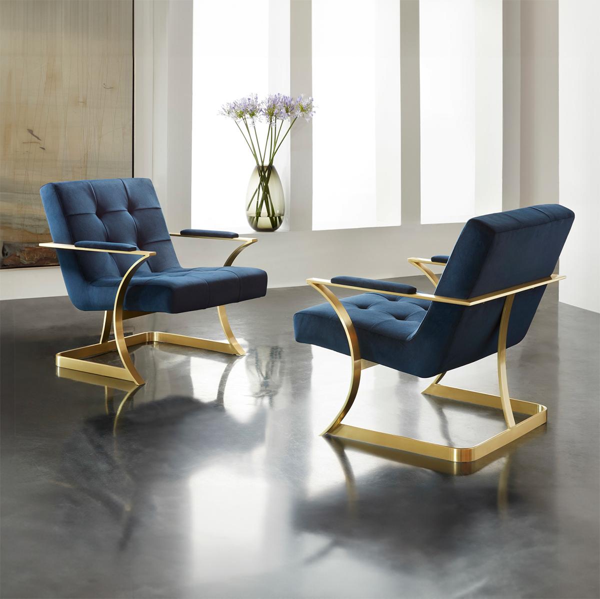 Mid-Century Modern Pair of Low Mid Century Blue Suede Armchairs For Sale
