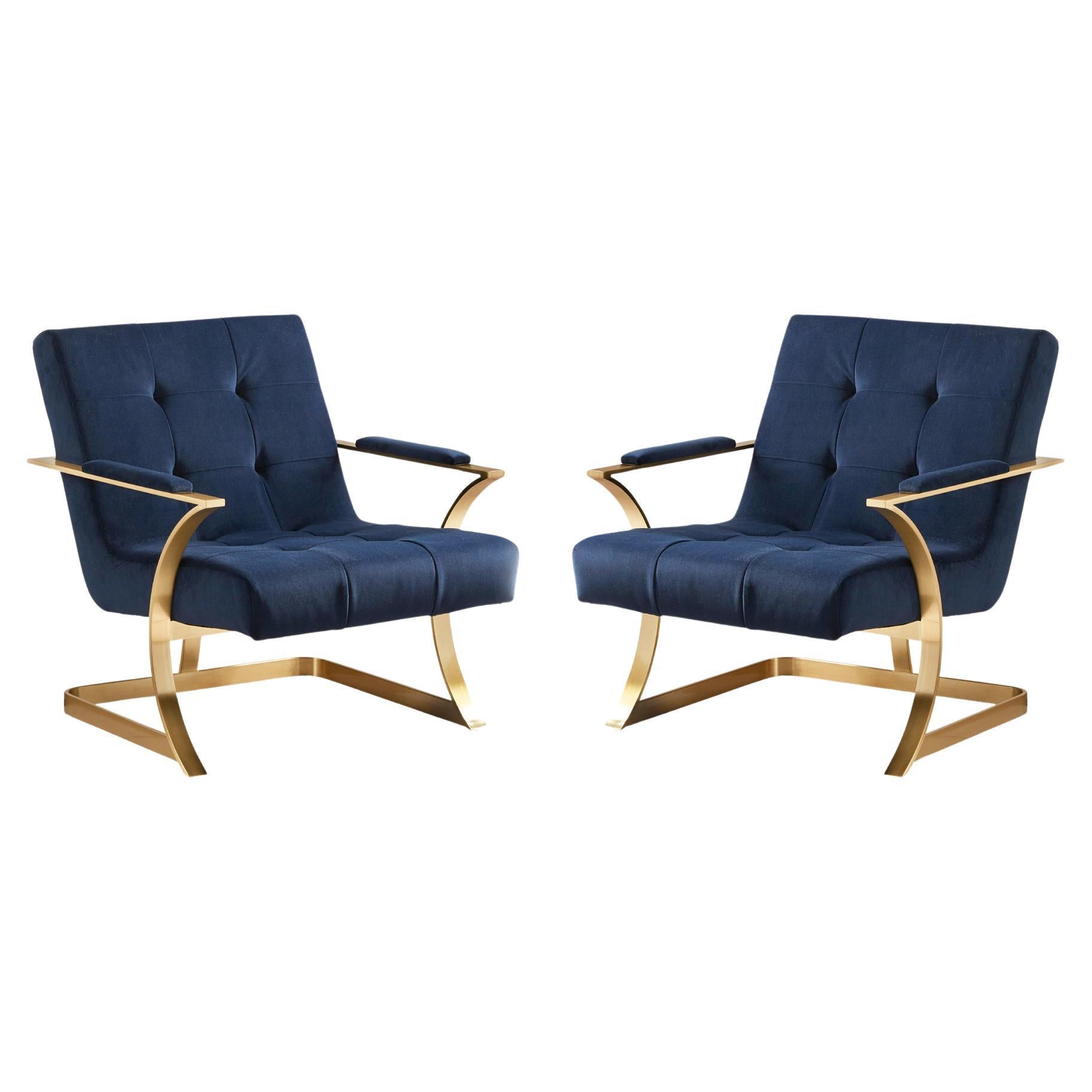 Pair of Low Mid Century Blue Suede Armchairs For Sale