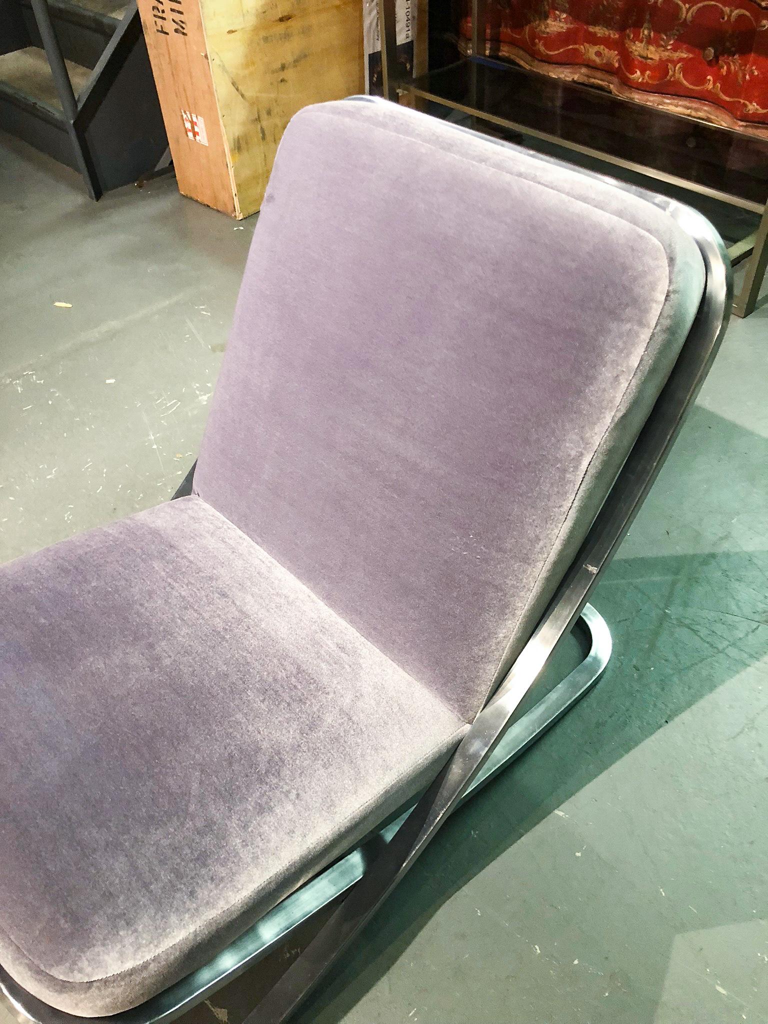 Velvet Pair of Low Nickel Slipper Chairs, France, 1970s For Sale