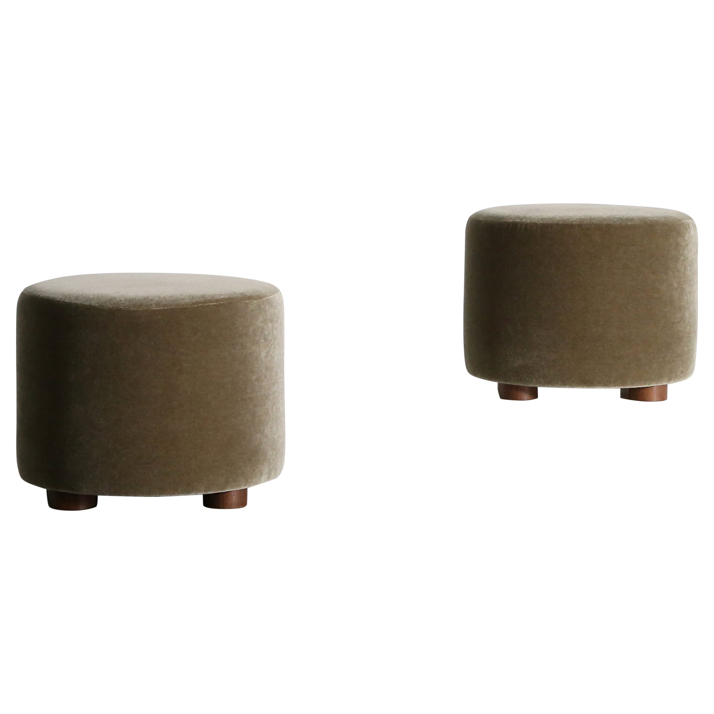 Pair of Low Round Ottomans / Footstools in Moss Green Pure Mohair