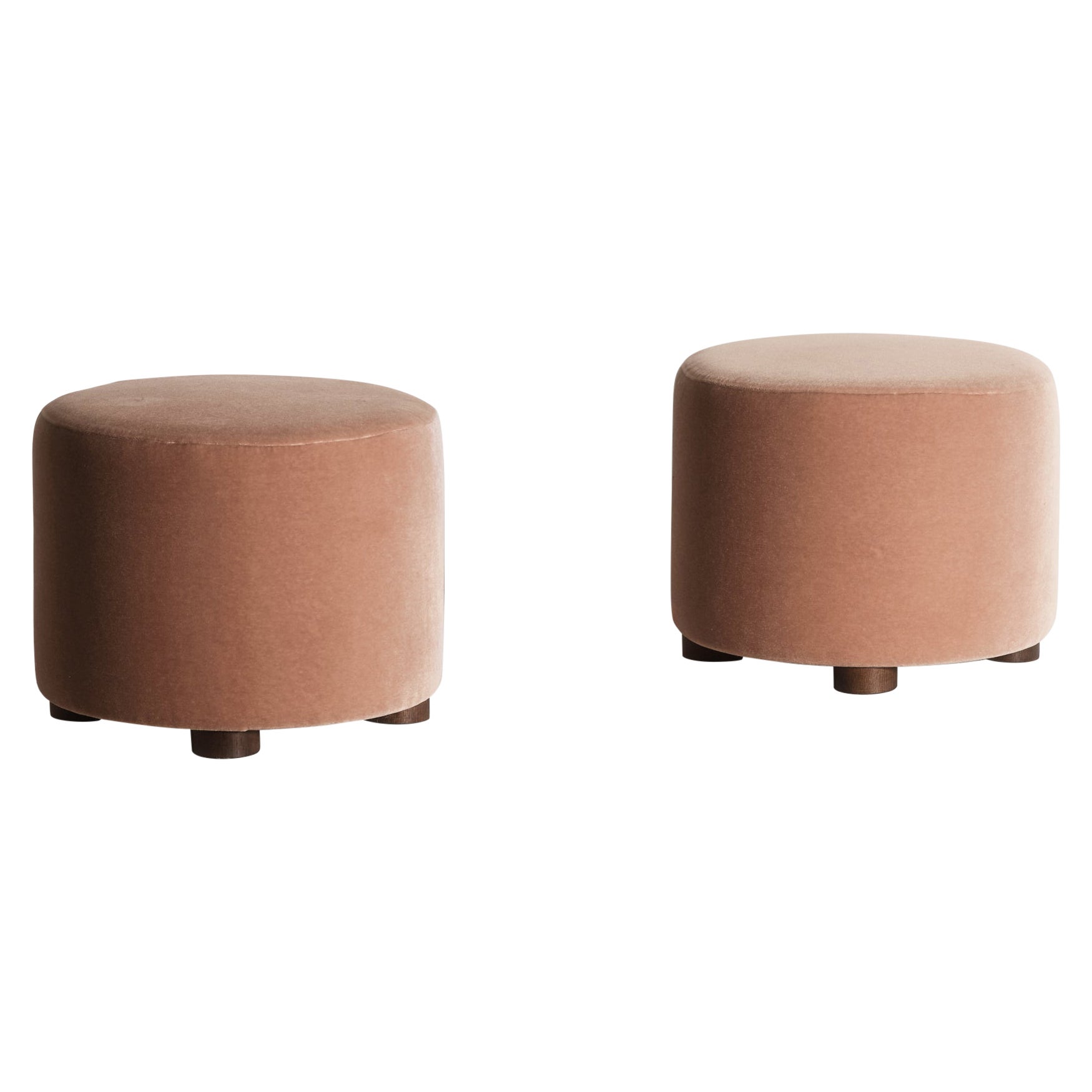 Pair of Low Round Ottomans / Footstools in Pink Mohair
