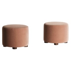 Pair of Low Round Ottomans / Footstools in Pink Mohair