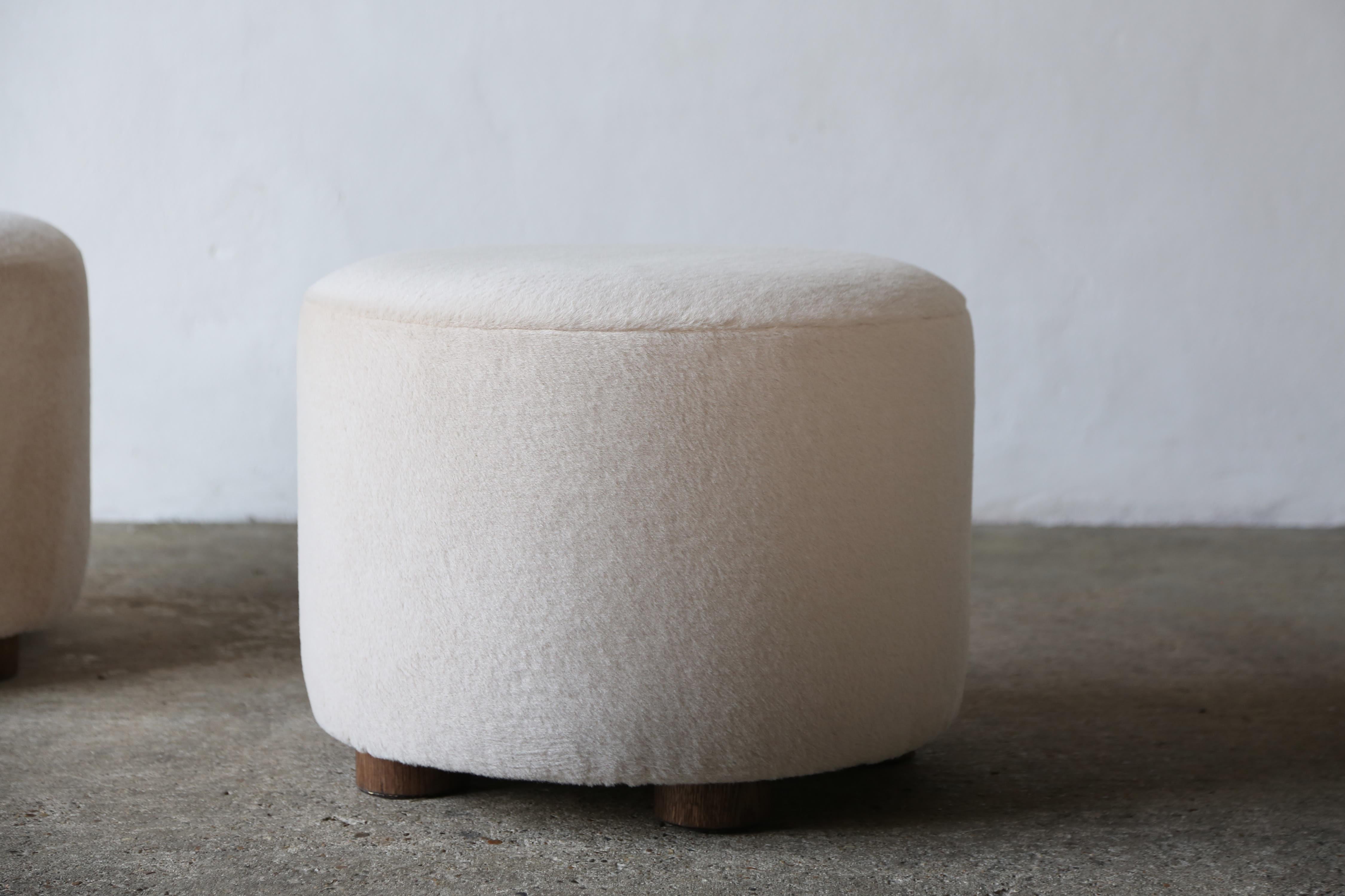 Scandinavian Modern Pair of Low Round Ottomans / Footstools in Pure Alpaca For Sale