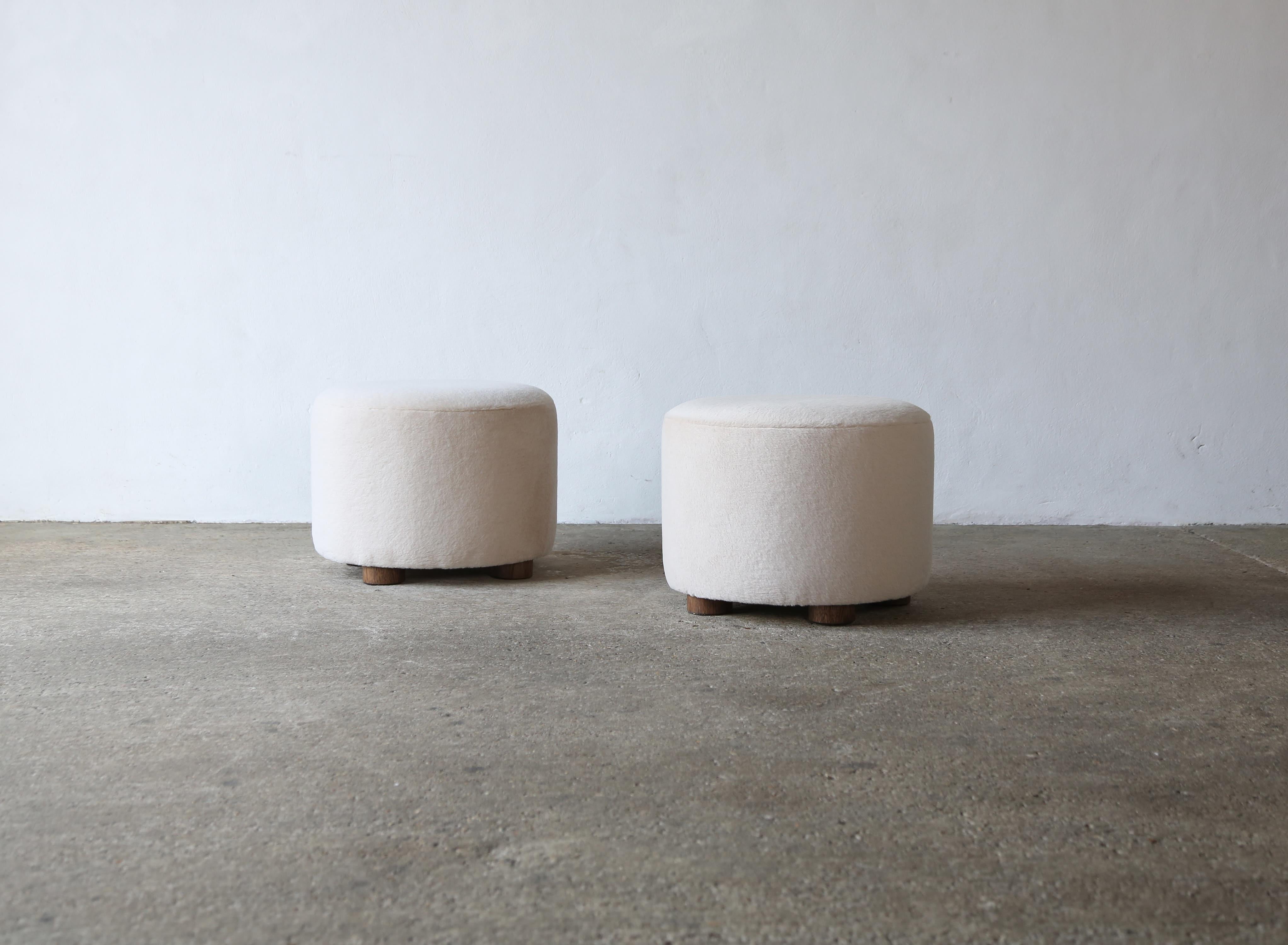 British Pair of Low Round Ottomans / Footstools in Pure Alpaca For Sale