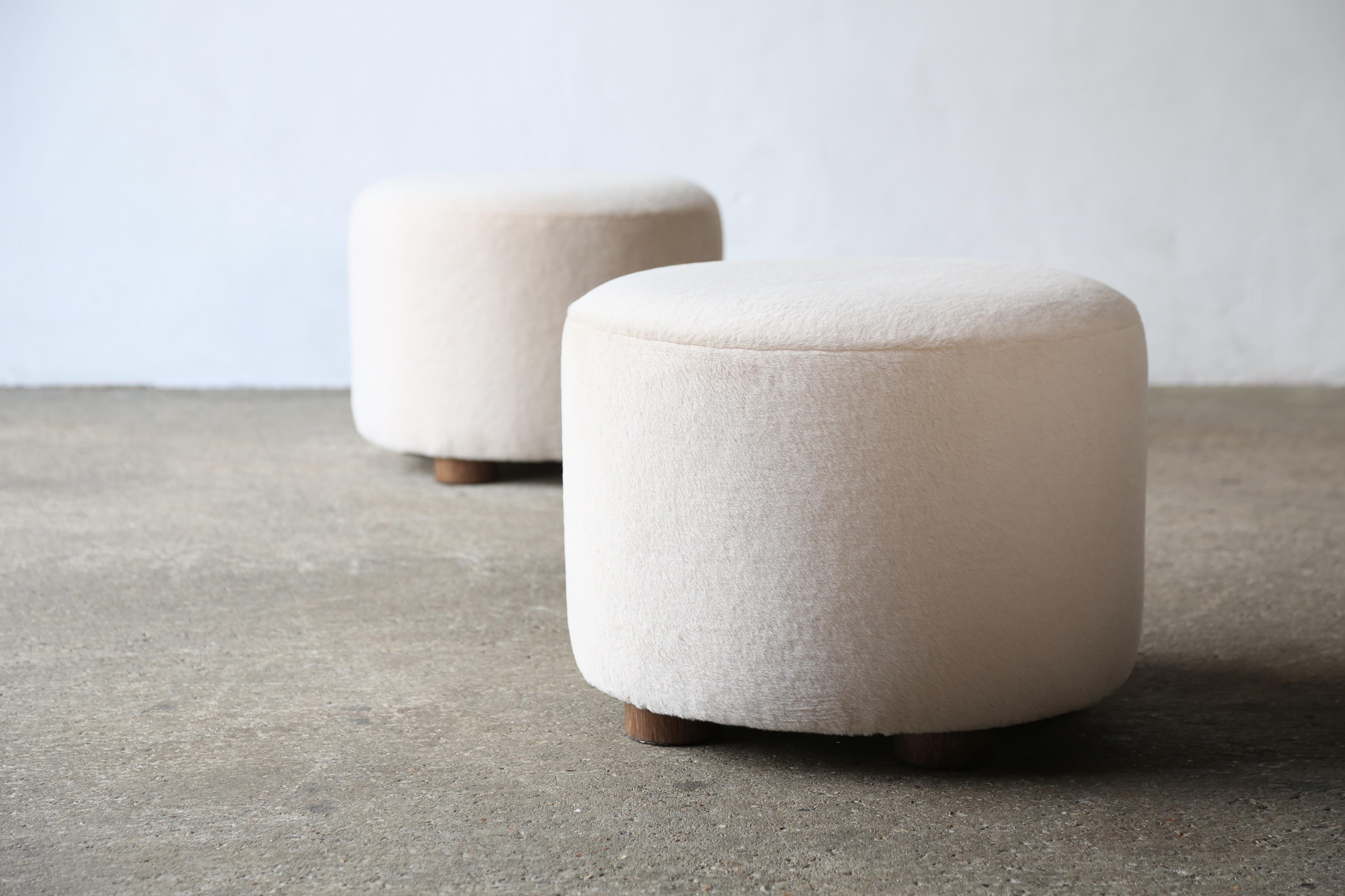 Pair of Low Round Ottomans / Footstools in Pure Alpaca For Sale 2