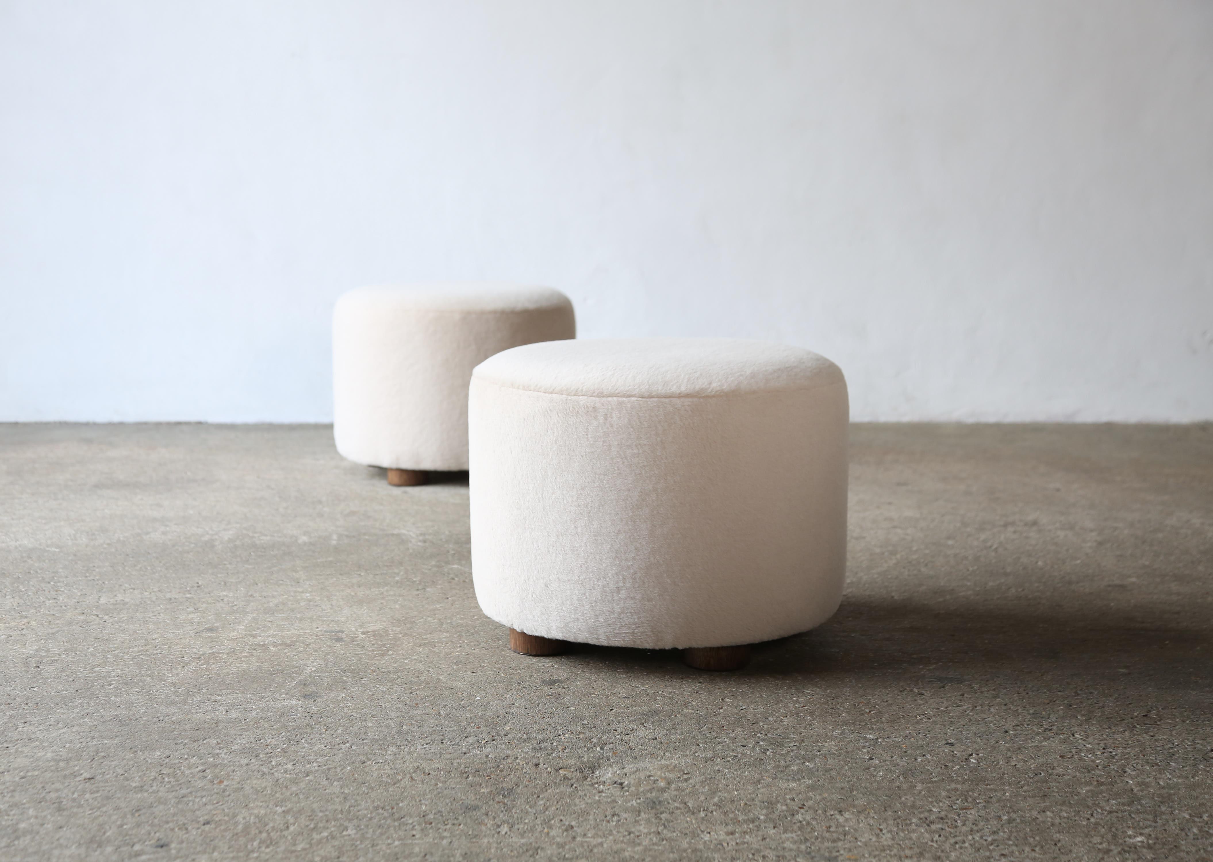 Pair of Low Round Ottomans / Footstools in Pure Alpaca For Sale 3