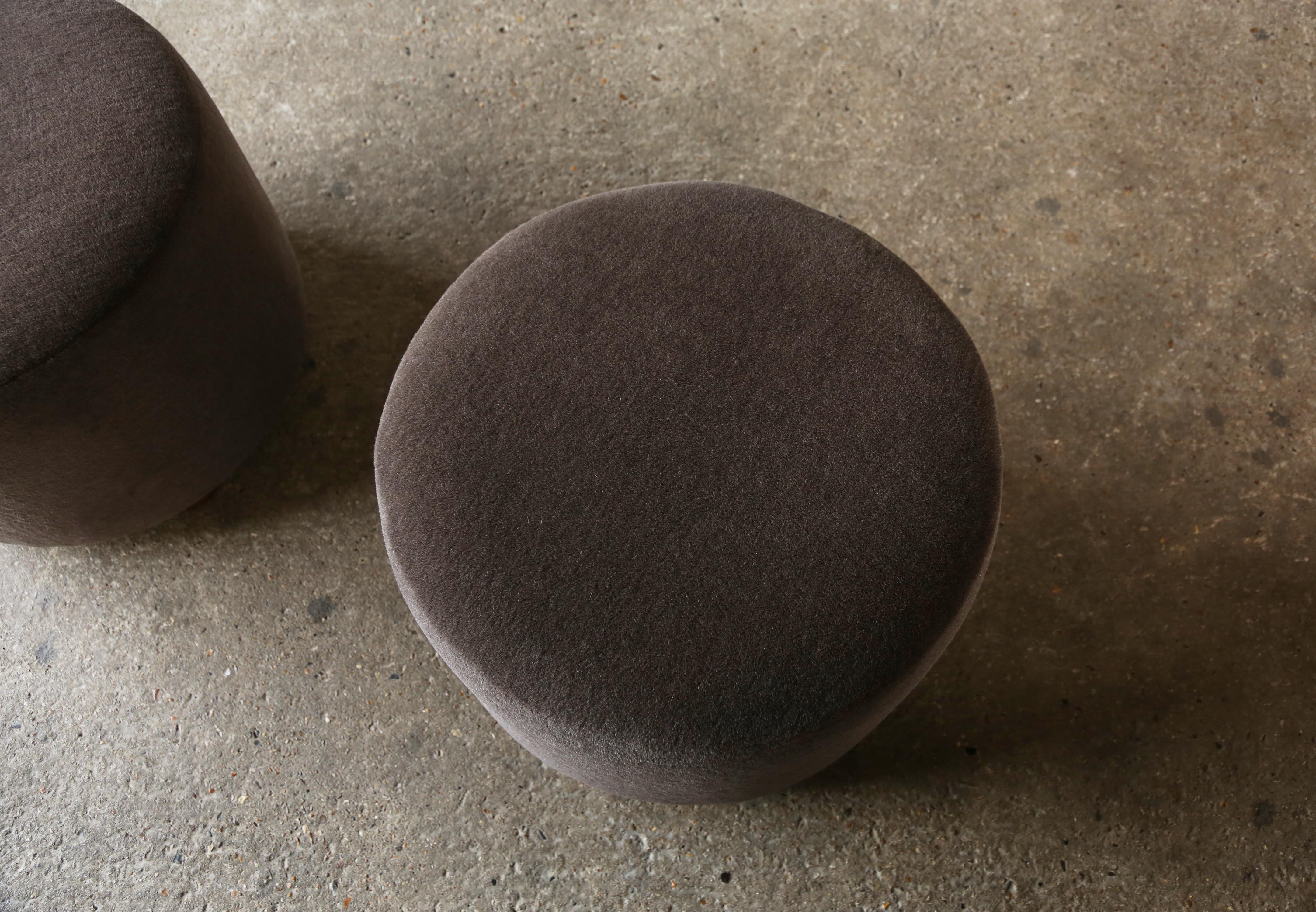 Pair of Low Round Ottomans / Footstools in Pure Dark Brown Alpaca For Sale 4