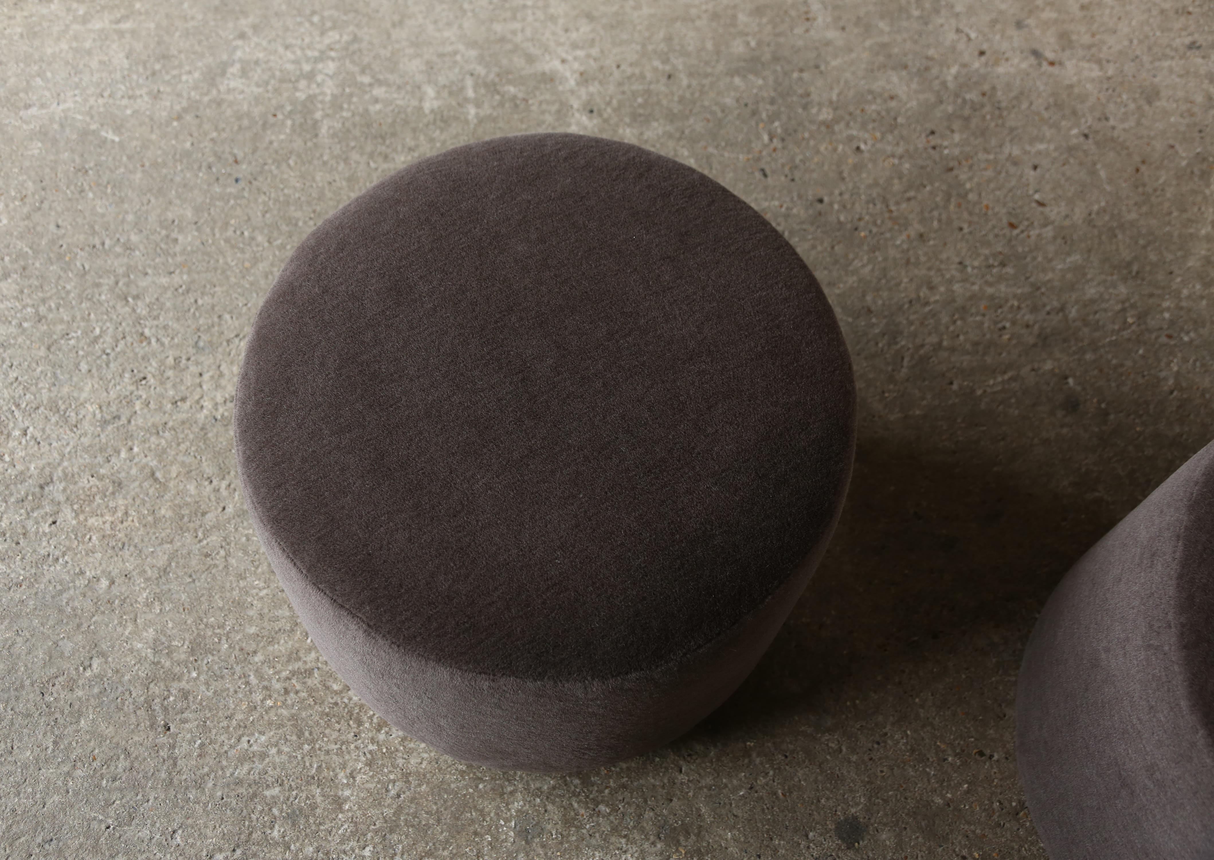 Pair of Low Round Ottomans / Footstools in Pure Dark Brown Alpaca For Sale 5