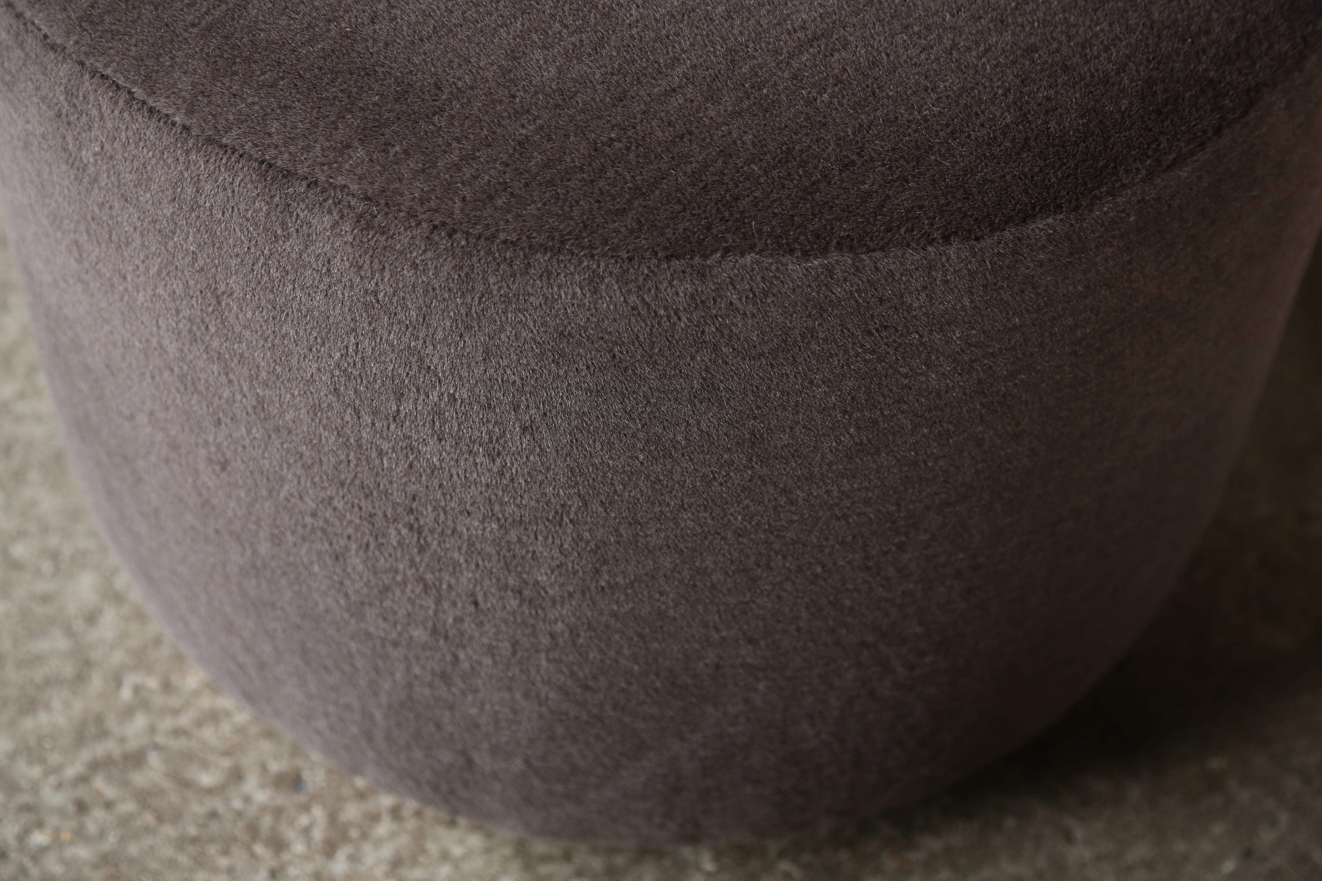 Pair of Low Round Ottomans / Footstools in Pure Dark Brown Alpaca For Sale 6