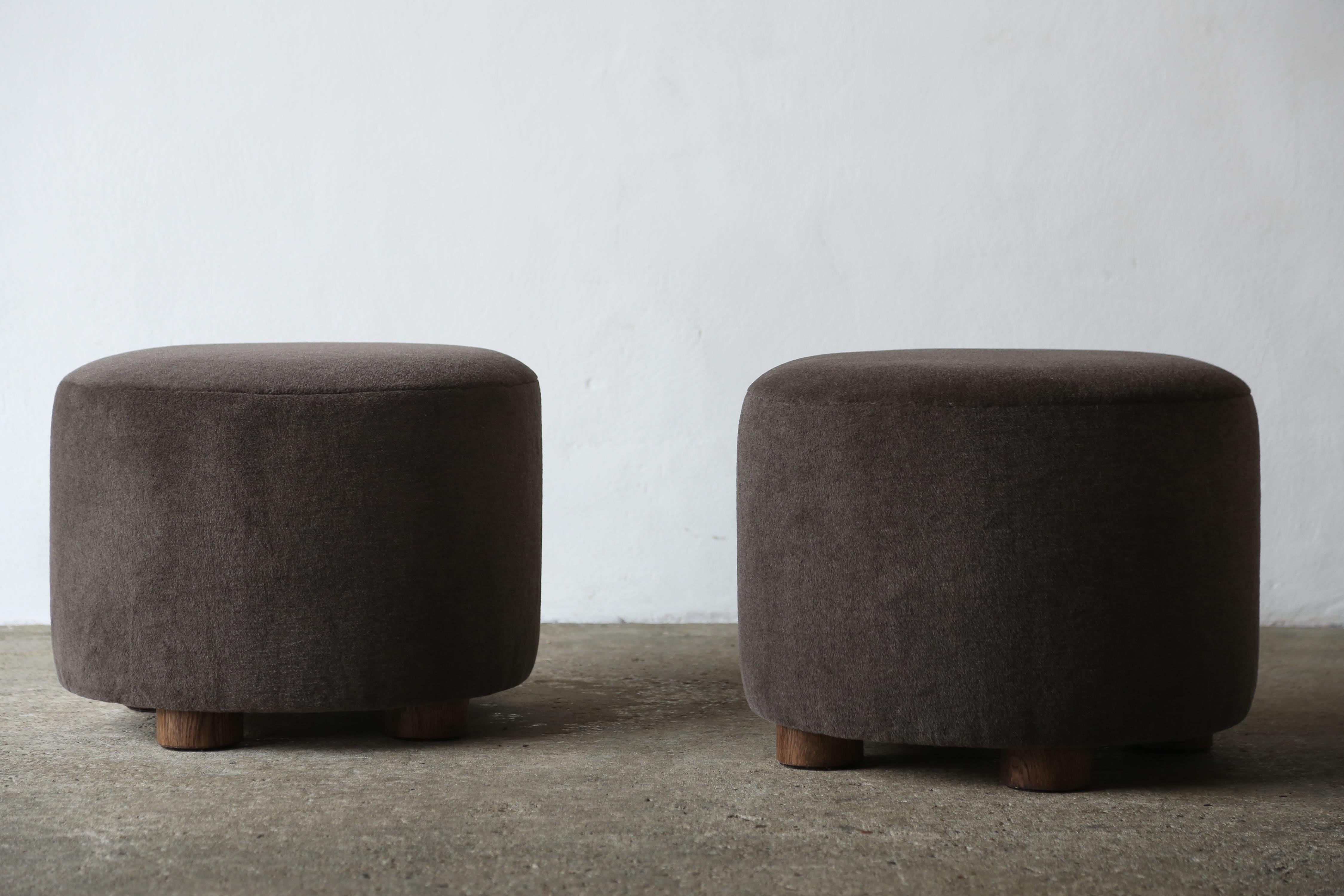 British Pair of Low Round Ottomans / Footstools in Pure Dark Brown Alpaca For Sale