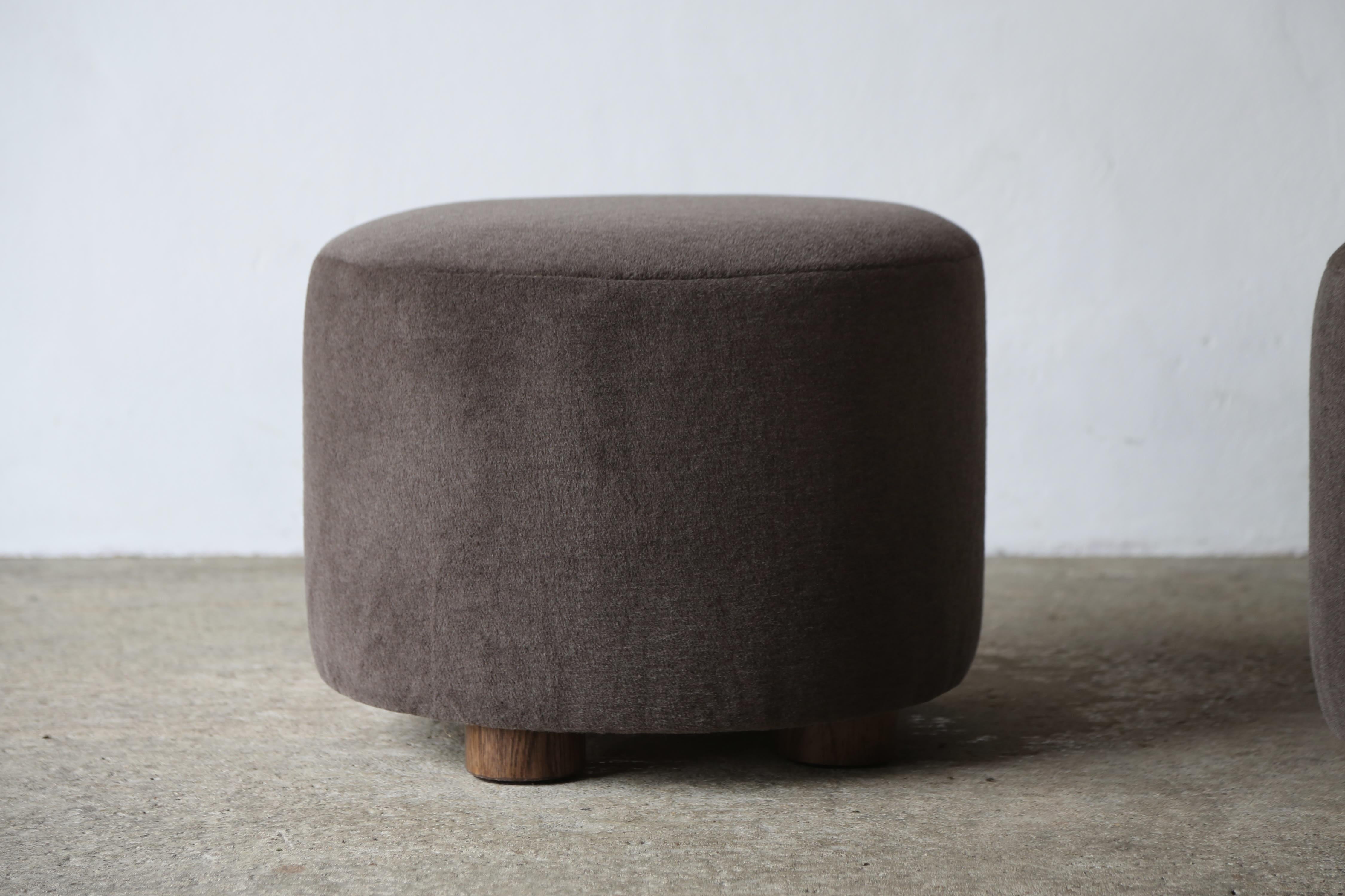 Pair of Low Round Ottomans / Footstools in Pure Dark Brown Alpaca For Sale 3