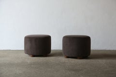 Pair of Low Round Ottomans / Footstools in Pure Dark Brown Alpaca