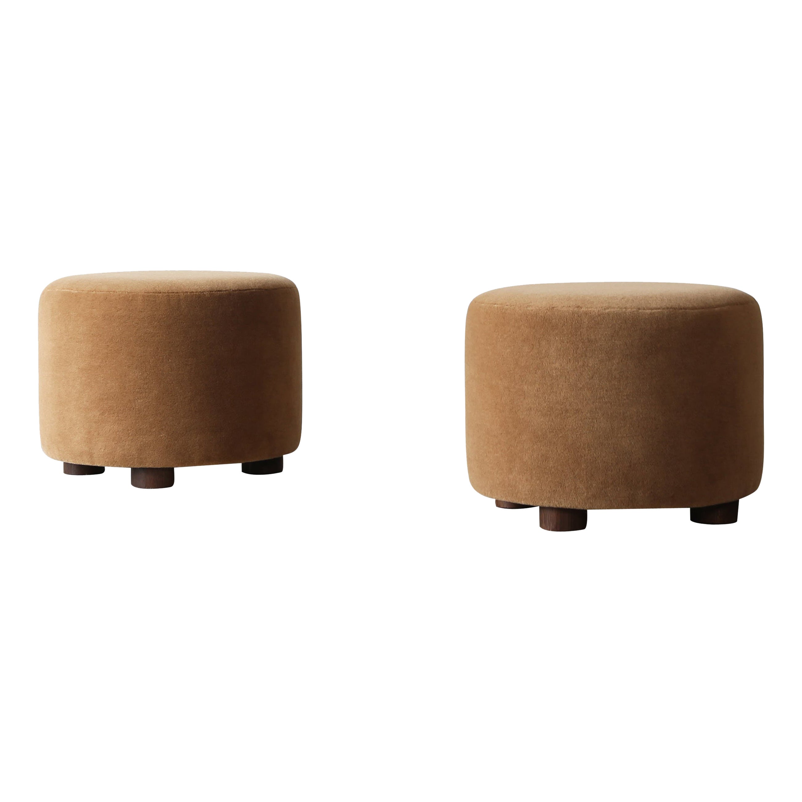 Pair of Low Round Ottomans / Footstools in Pure Golden Brown Alpaca
