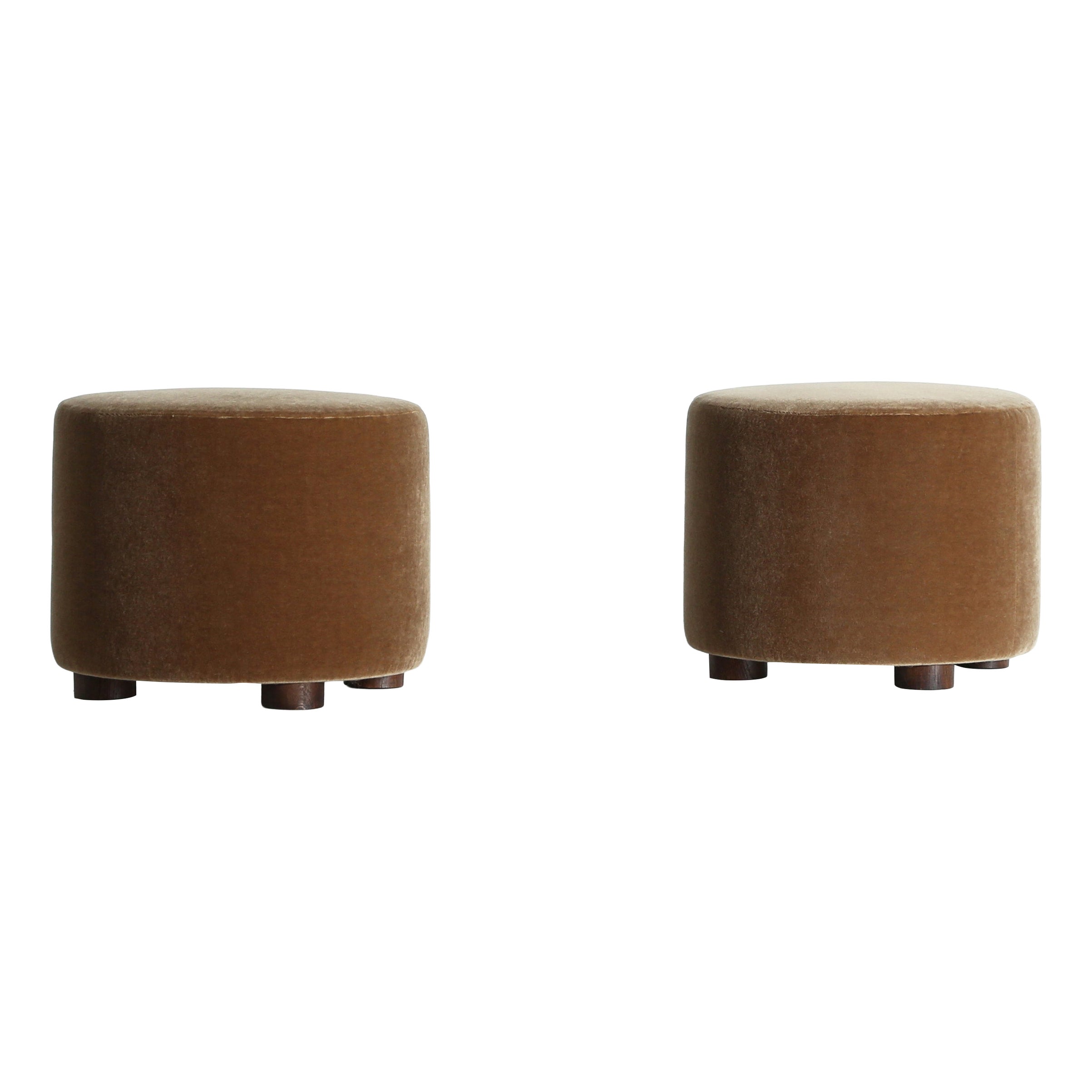 Pair of Low Round Ottomans / Footstools in Pure Golden Brown Mohair