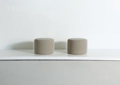 Pair of Low Round Ottomans / Footstools in Striped Fabric