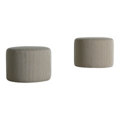 Pair of Low Round Ottomans / Footstools in Striped Fabric