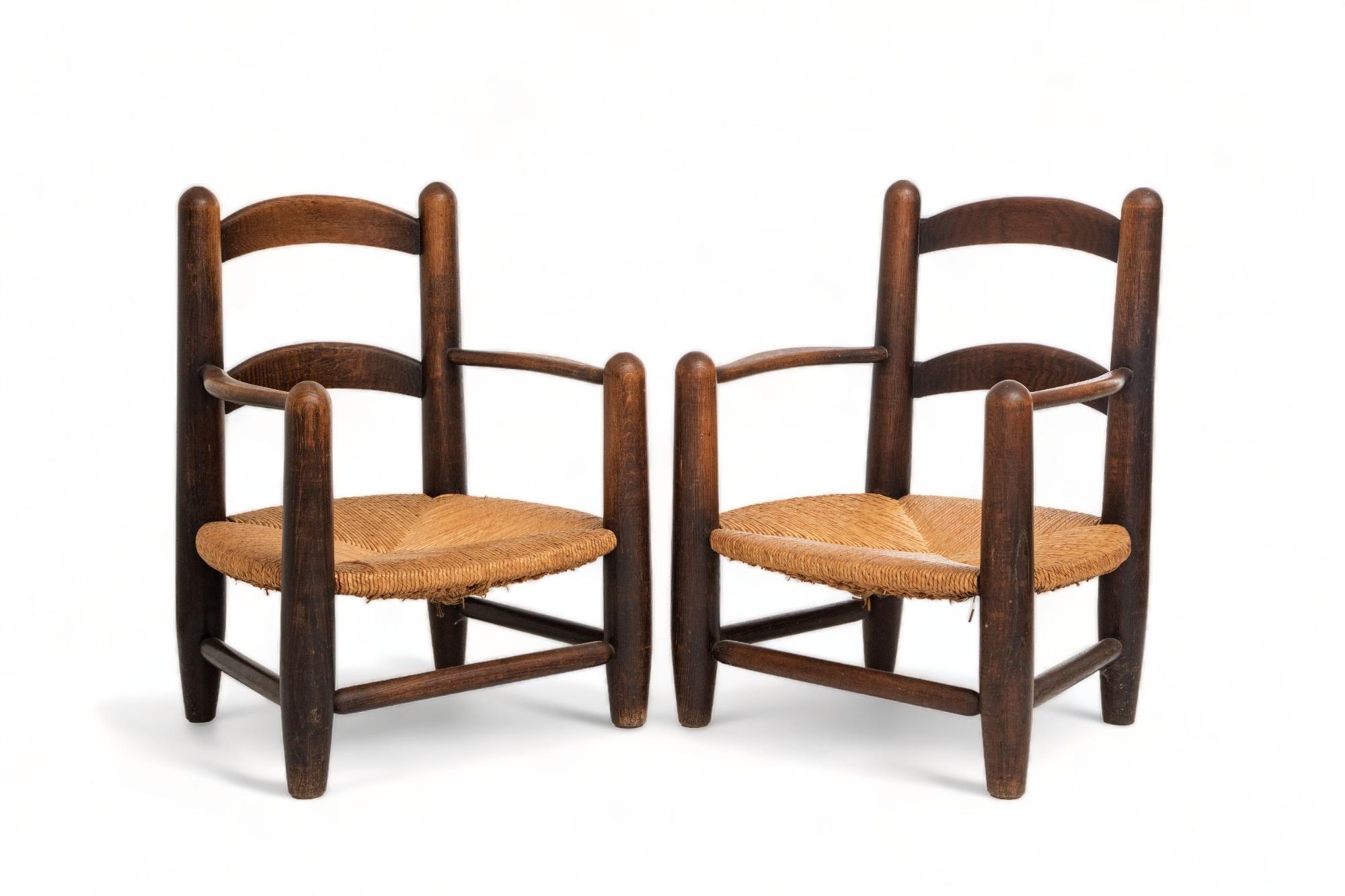 Mid-Century Modern Pair of Oak and Rush Seats Armchairs, France, 1950's For Sale