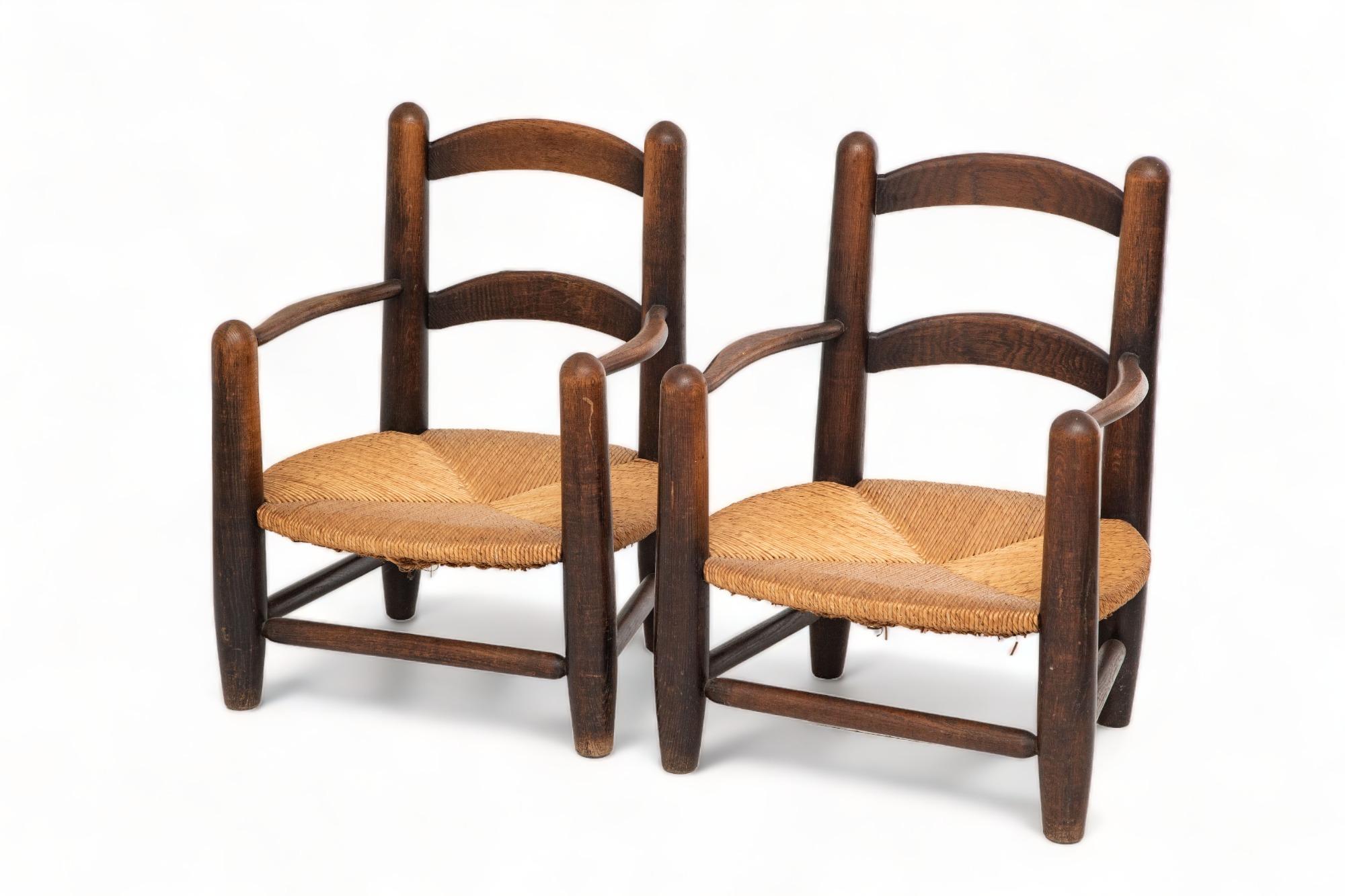 French Pair of Oak and Rush Seats Armchairs, France, 1950's For Sale